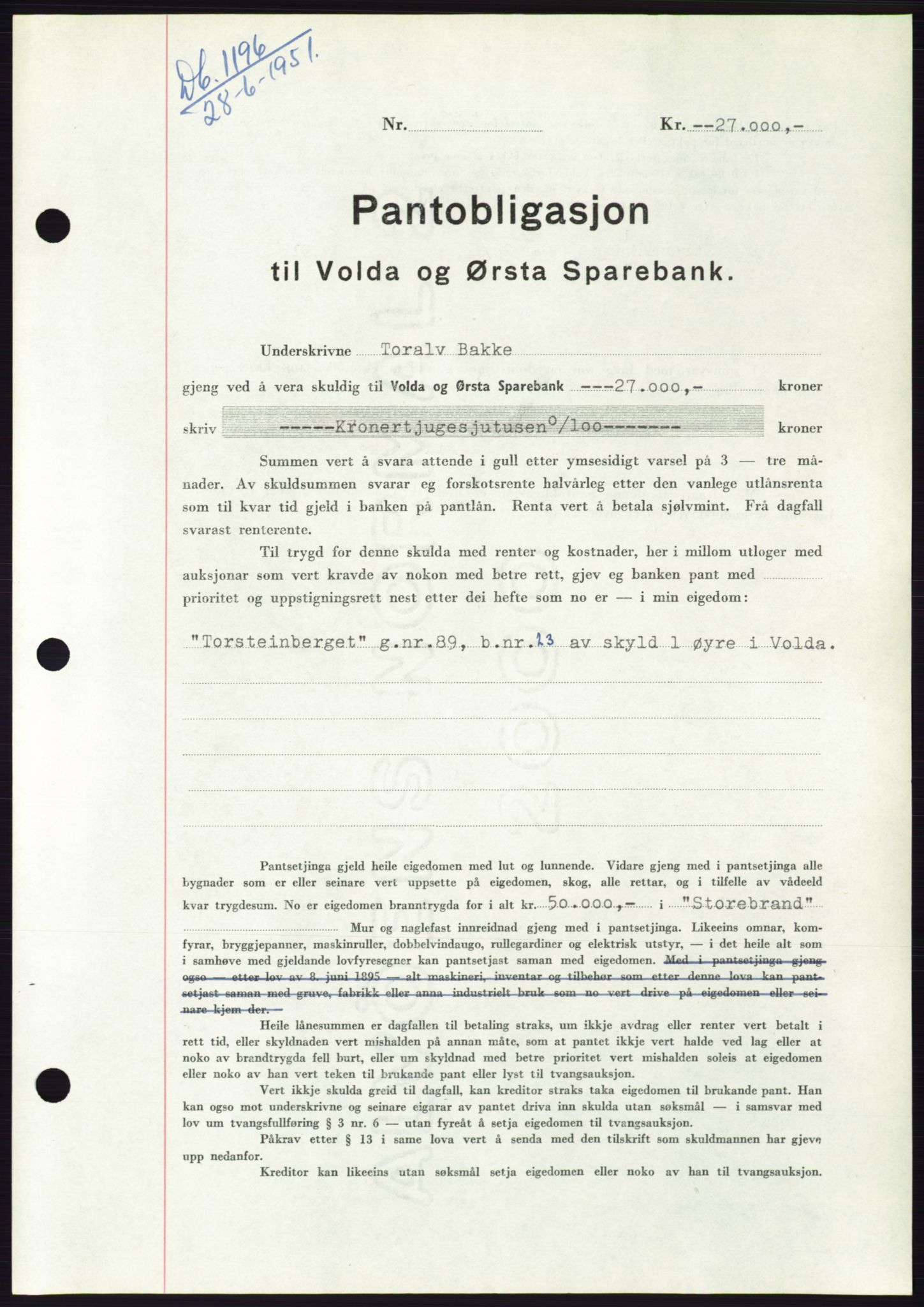 Søre Sunnmøre sorenskriveri, AV/SAT-A-4122/1/2/2C/L0120: Mortgage book no. 8B, 1951-1951, Diary no: : 1196/1951