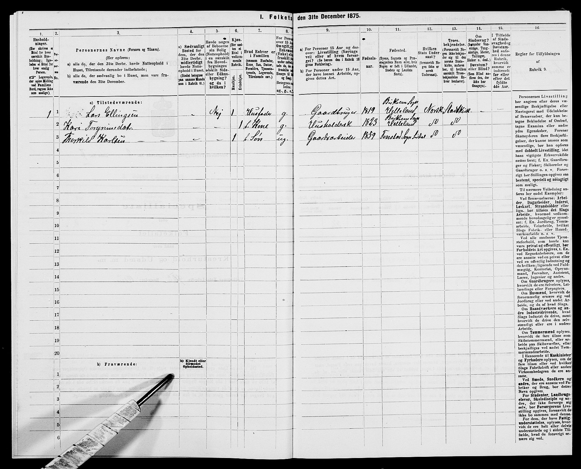 SAK, 1875 census for 1046P Sirdal, 1875, p. 151