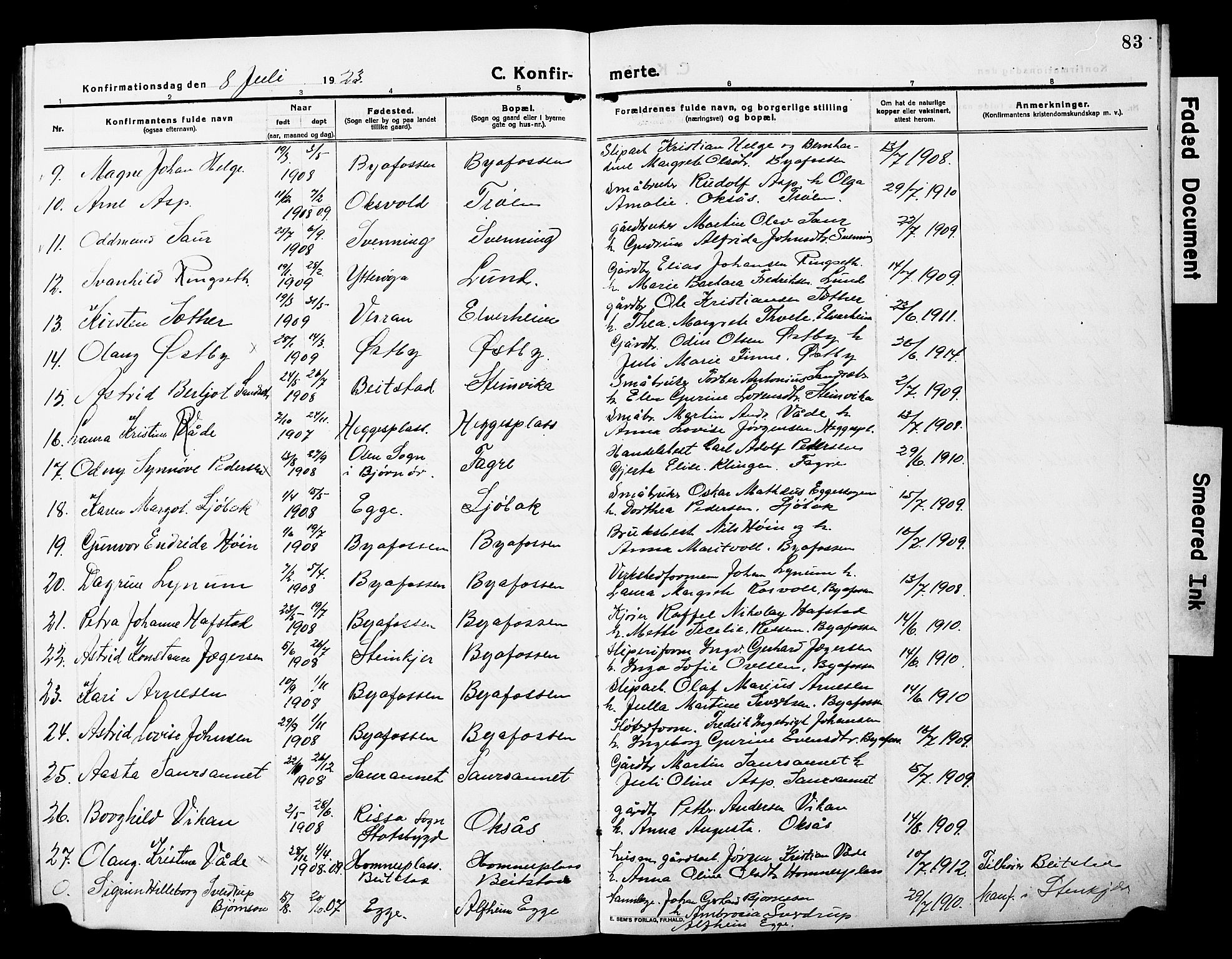 Ministerialprotokoller, klokkerbøker og fødselsregistre - Nord-Trøndelag, SAT/A-1458/740/L0382: Parish register (copy) no. 740C03, 1915-1927, p. 83