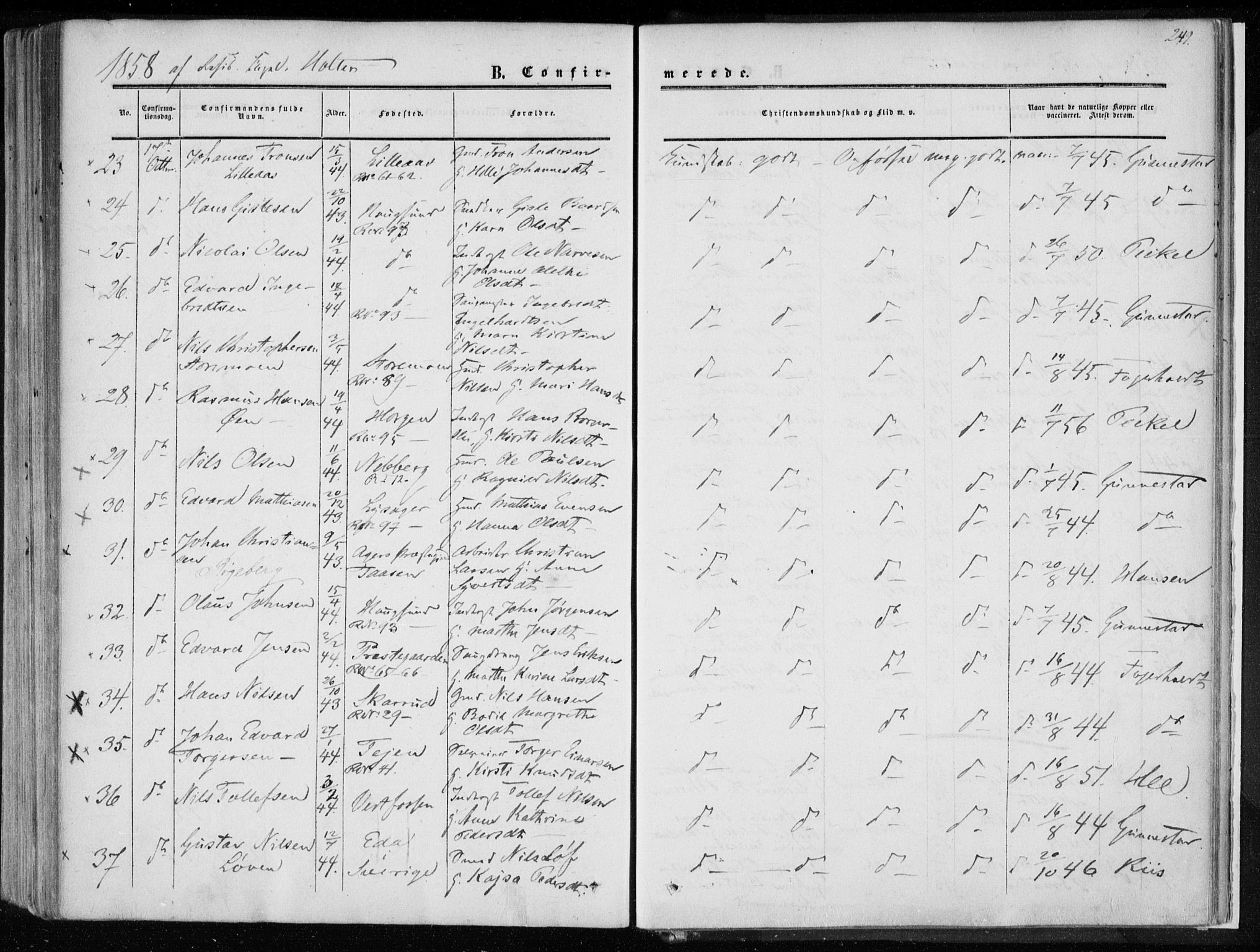 Eiker kirkebøker, SAKO/A-4/F/Fa/L0015a: Parish register (official) no. I 15A, 1854-1860, p. 249
