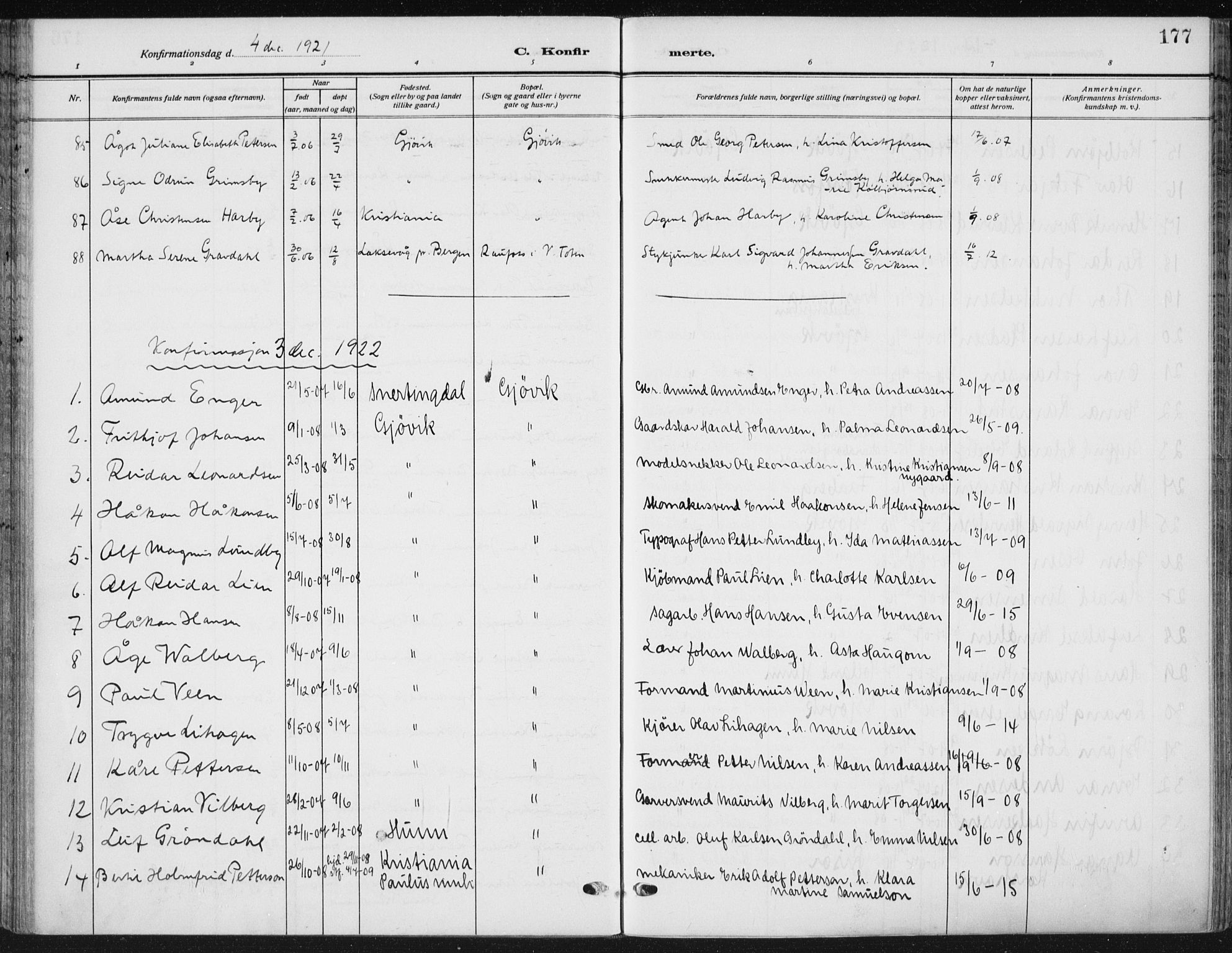 Vardal prestekontor, SAH/PREST-100/H/Ha/Haa/L0014: Parish register (official) no. 14, 1912-1922, p. 177