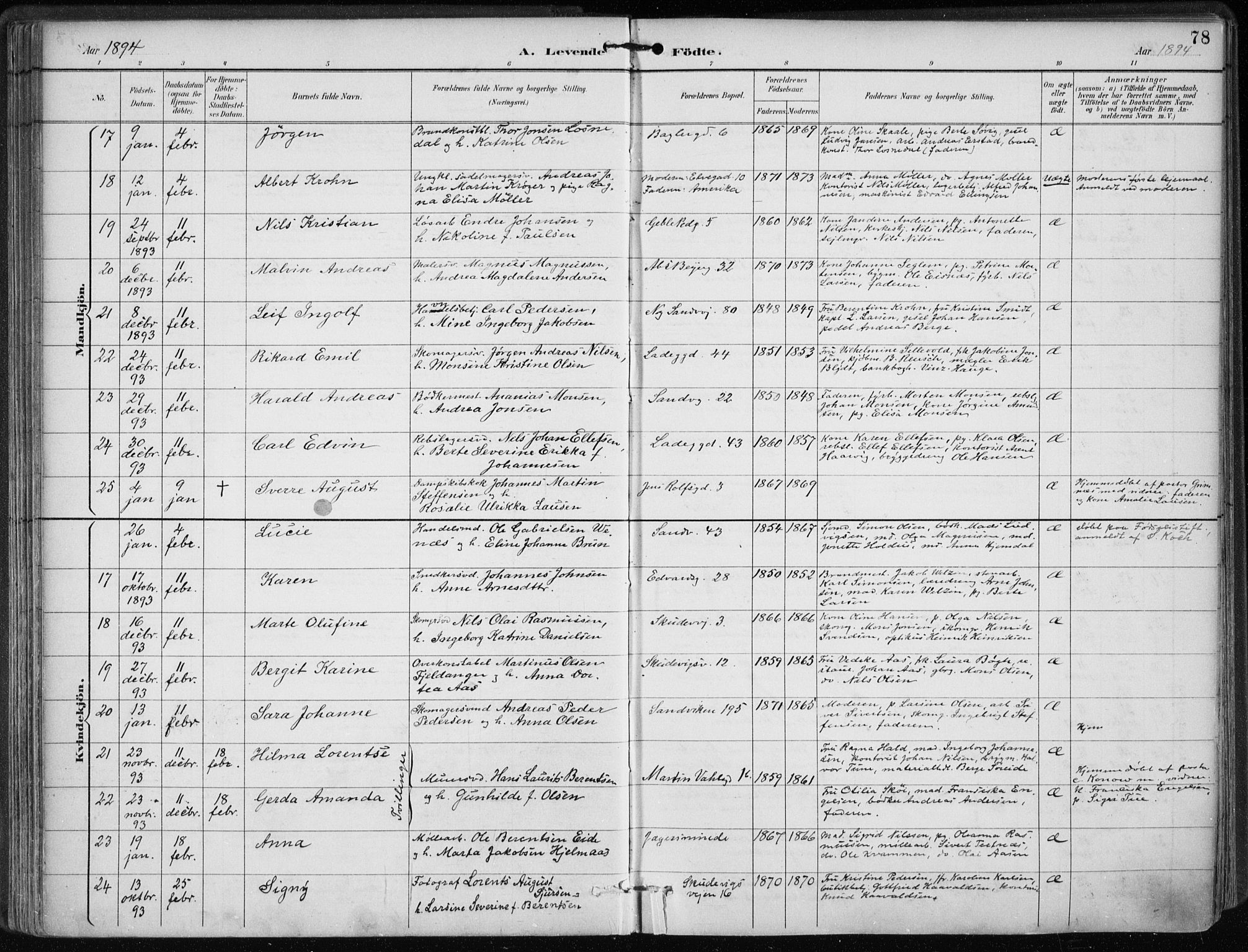 Sandviken Sokneprestembete, AV/SAB-A-77601/H/Ha/L0005: Parish register (official) no. B 2, 1891-1901, p. 78