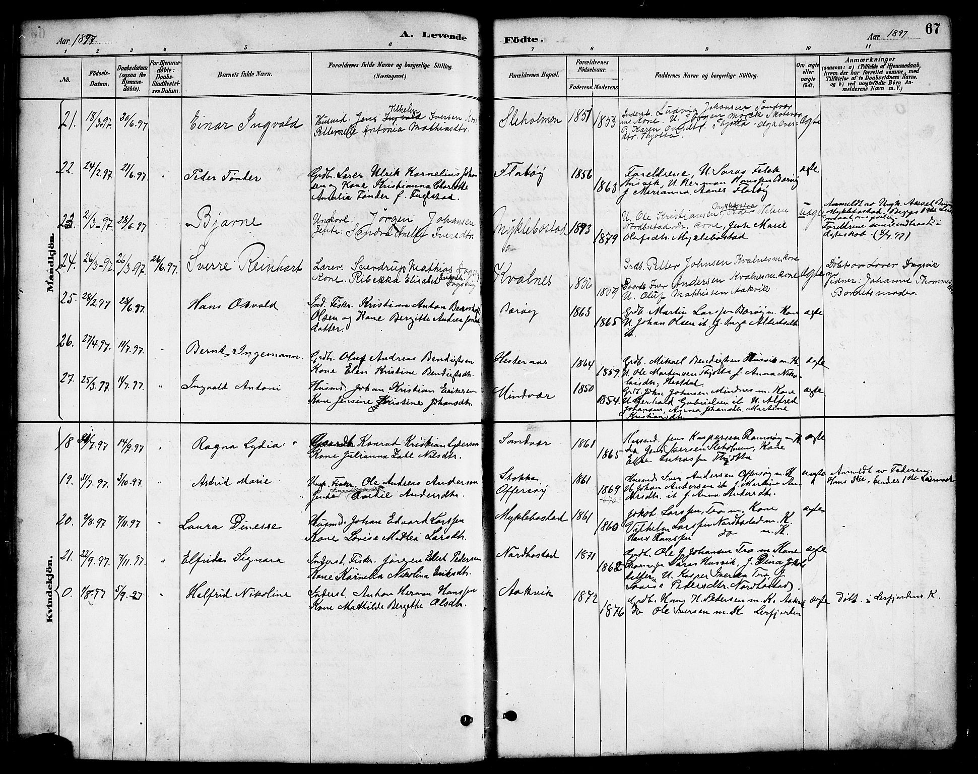 Ministerialprotokoller, klokkerbøker og fødselsregistre - Nordland, AV/SAT-A-1459/817/L0268: Parish register (copy) no. 817C03, 1884-1920, p. 67