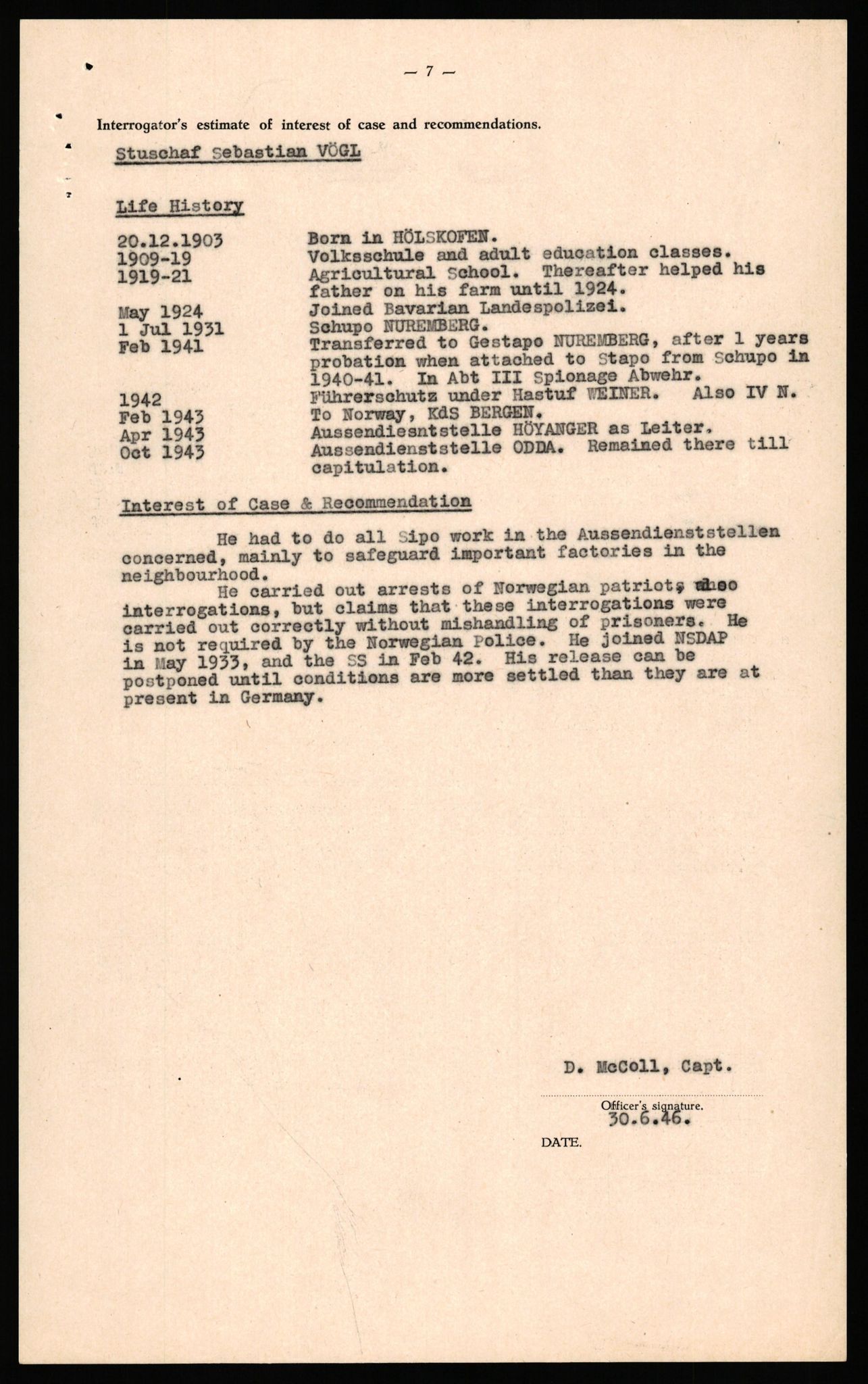 Forsvaret, Forsvarets overkommando II, AV/RA-RAFA-3915/D/Db/L0034: CI Questionaires. Tyske okkupasjonsstyrker i Norge. Tyskere., 1945-1946, p. 363