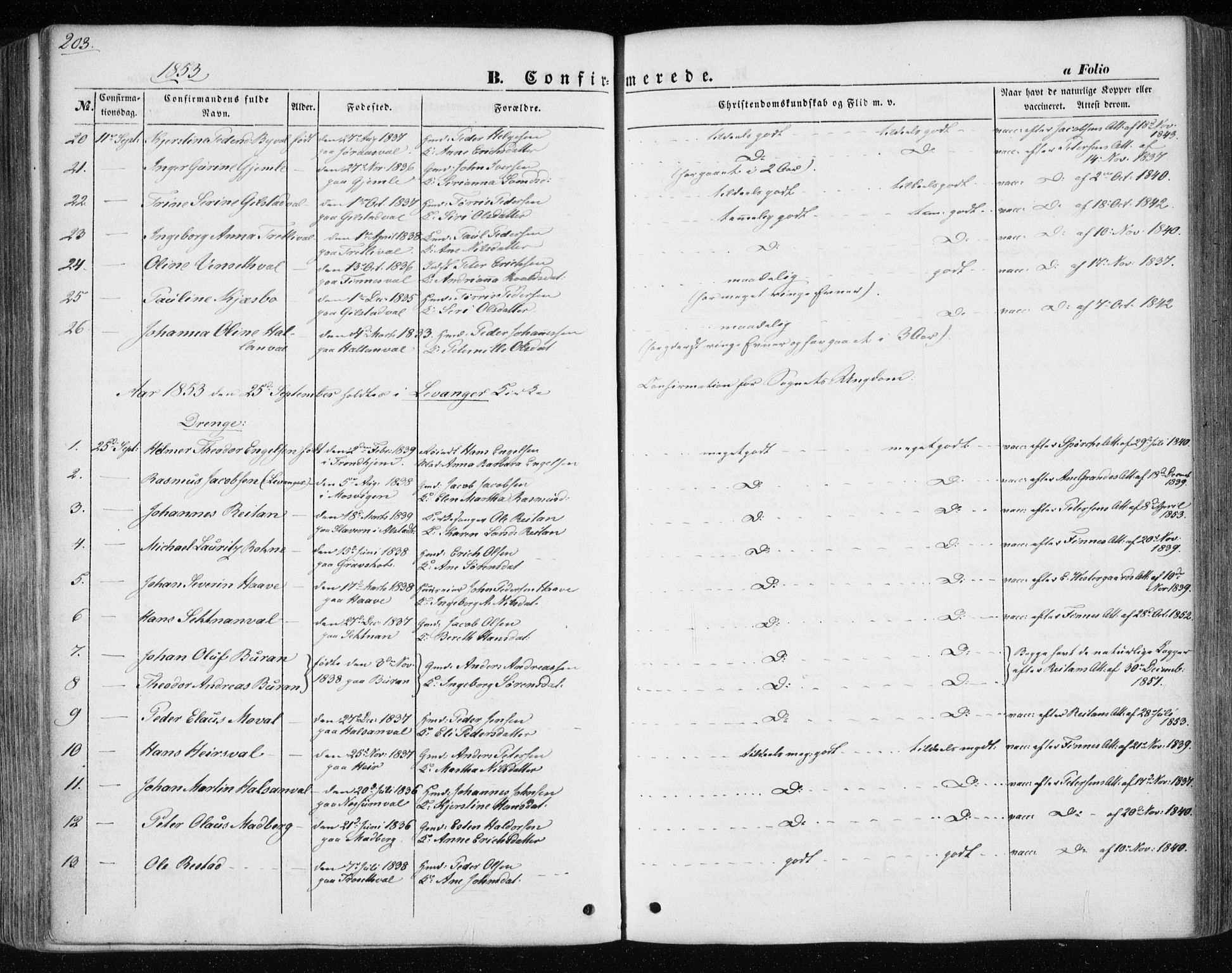 Ministerialprotokoller, klokkerbøker og fødselsregistre - Nord-Trøndelag, AV/SAT-A-1458/717/L0154: Parish register (official) no. 717A07 /1, 1850-1862, p. 203