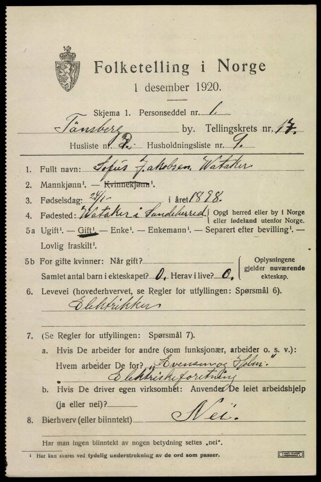 SAKO, 1920 census for Tønsberg, 1920, p. 25823