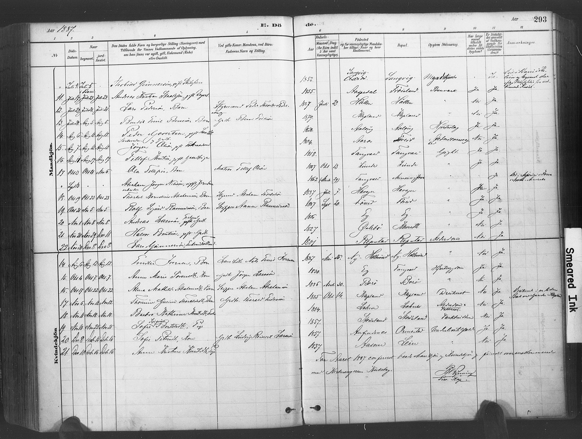Søgne sokneprestkontor, SAK/1111-0037/F/Fa/Fab/L0012: Parish register (official) no. A 12, 1880-1891, p. 293