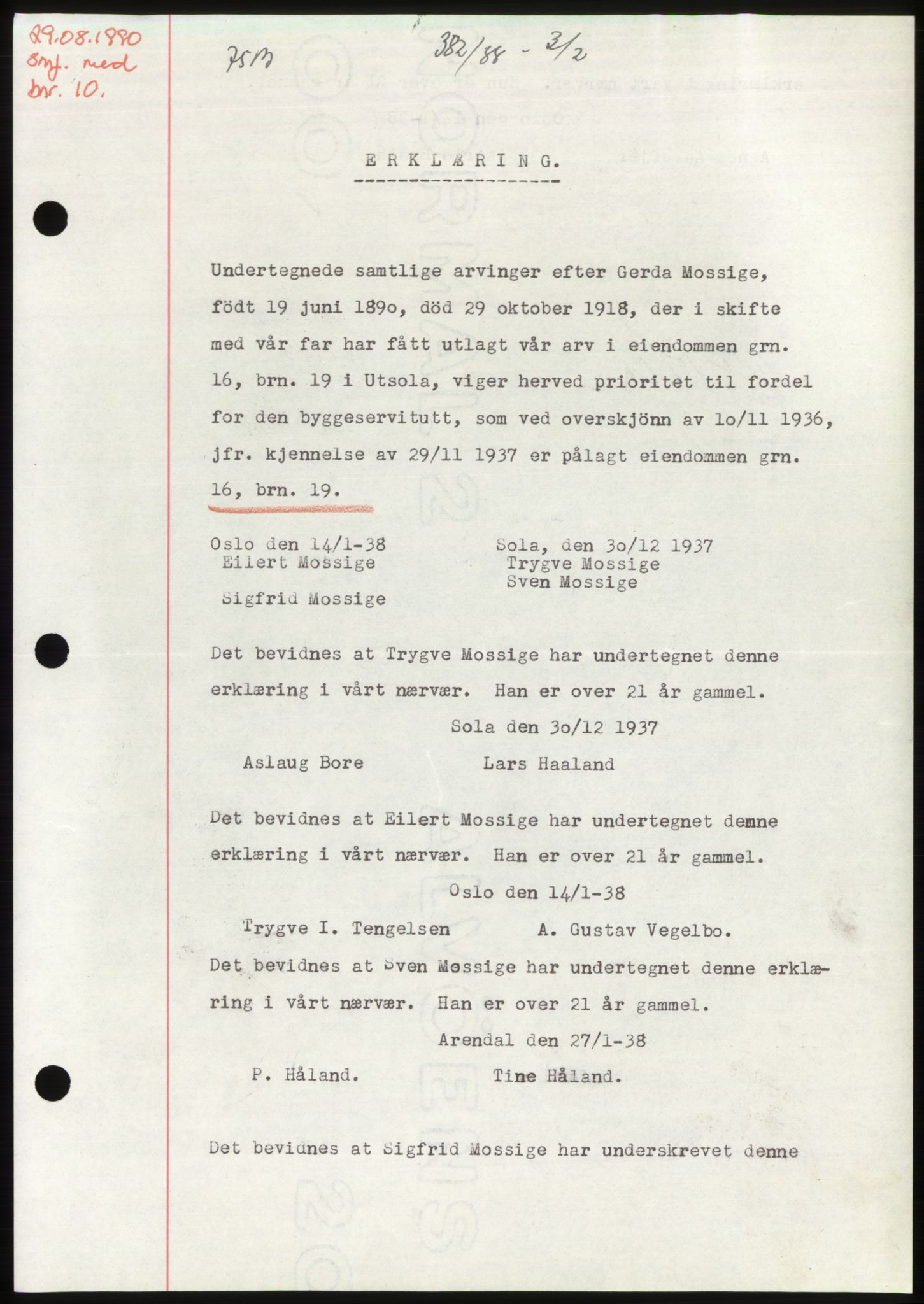 Jæren sorenskriveri, SAST/A-100310/03/G/Gba/L0070: Mortgage book, 1938-1938, Diary no: : 382/1938