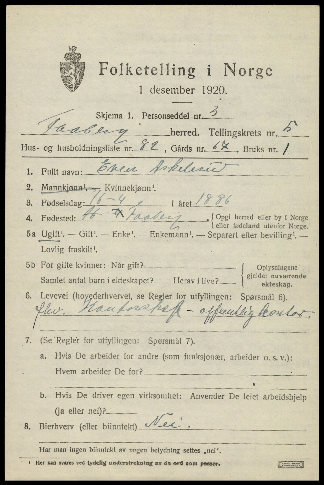 SAH, 1920 census for Fåberg, 1920, p. 7090