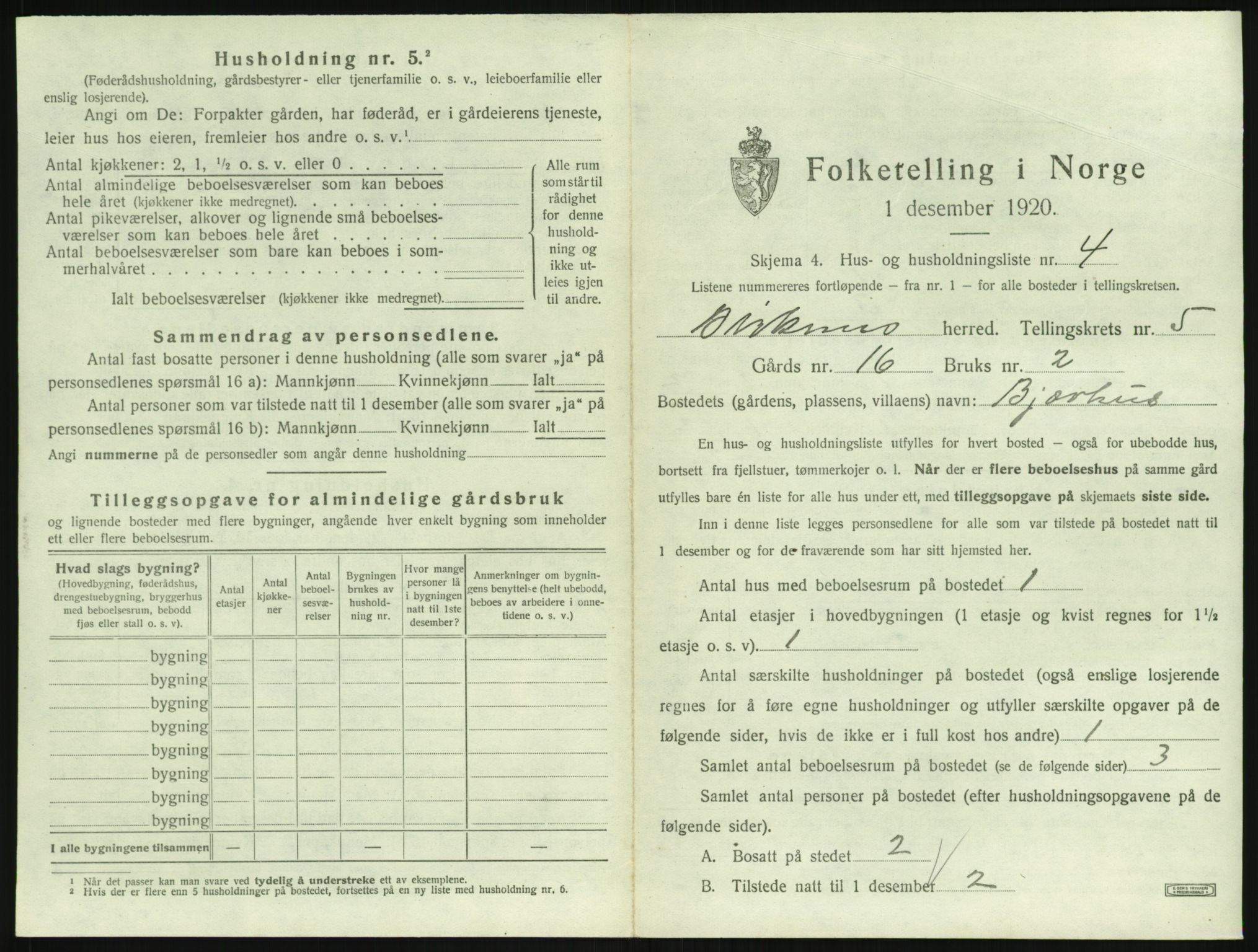 SAK, 1920 census for Birkenes, 1920, p. 451