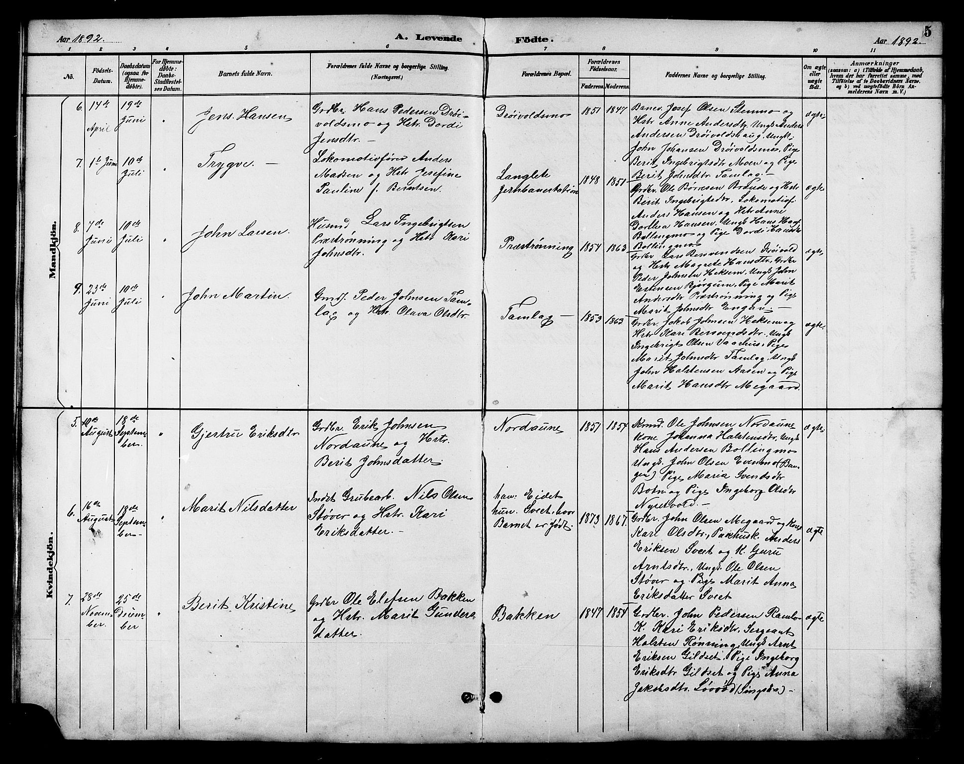 Ministerialprotokoller, klokkerbøker og fødselsregistre - Sør-Trøndelag, SAT/A-1456/685/L0978: Parish register (copy) no. 685C03, 1891-1907, p. 5