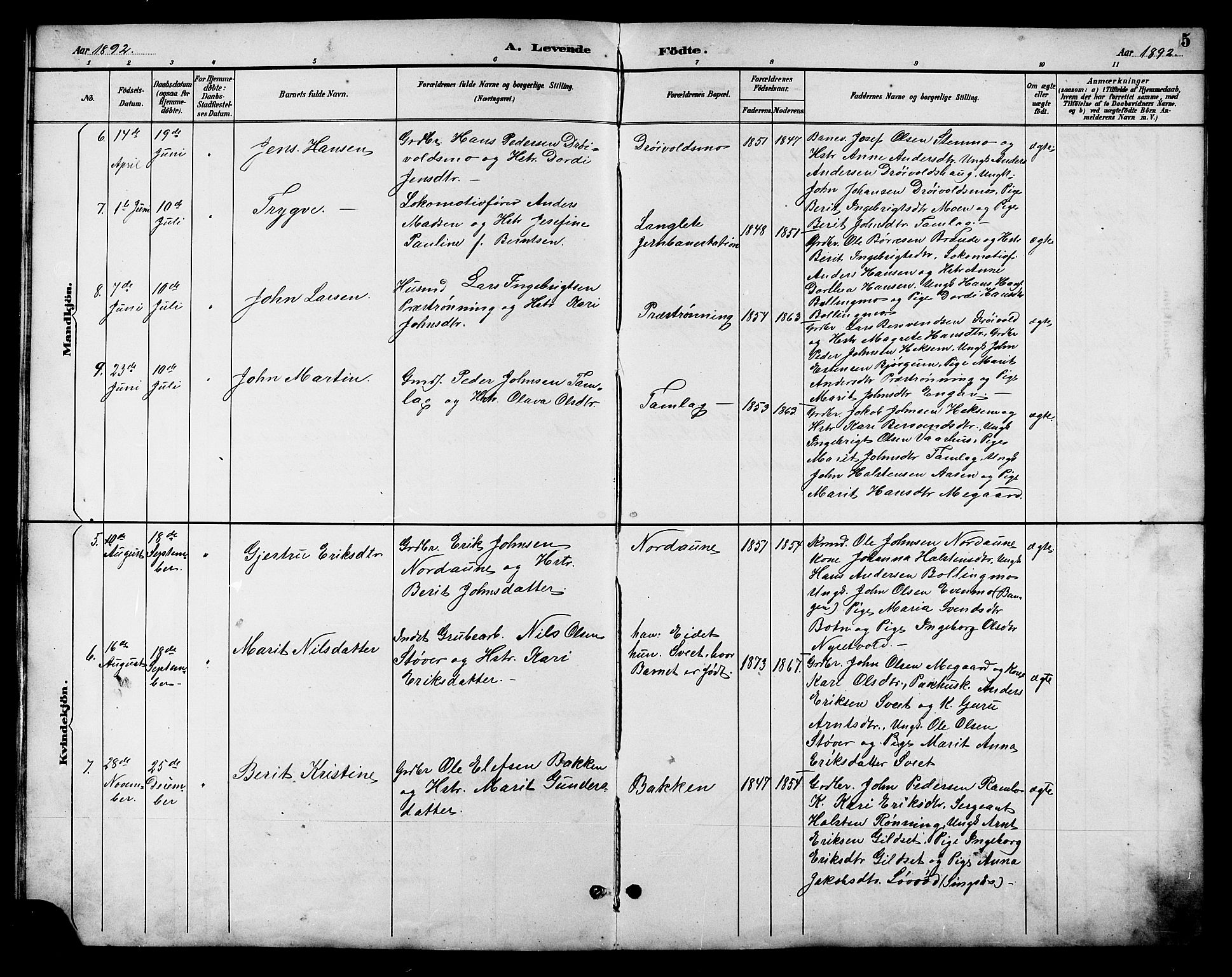 Ministerialprotokoller, klokkerbøker og fødselsregistre - Sør-Trøndelag, AV/SAT-A-1456/685/L0978: Parish register (copy) no. 685C03, 1891-1907, p. 5