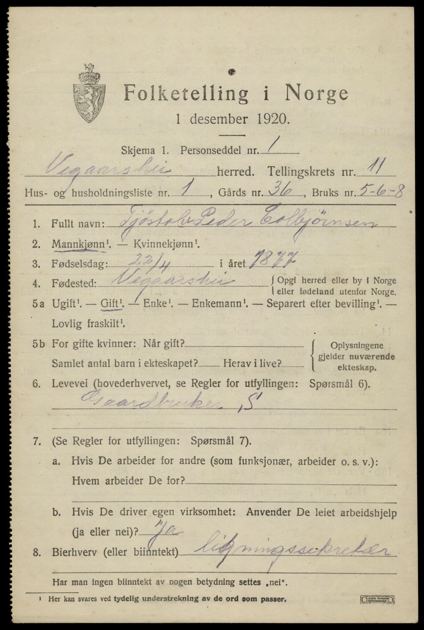 SAK, 1920 census for Vegårshei, 1920, p. 3422