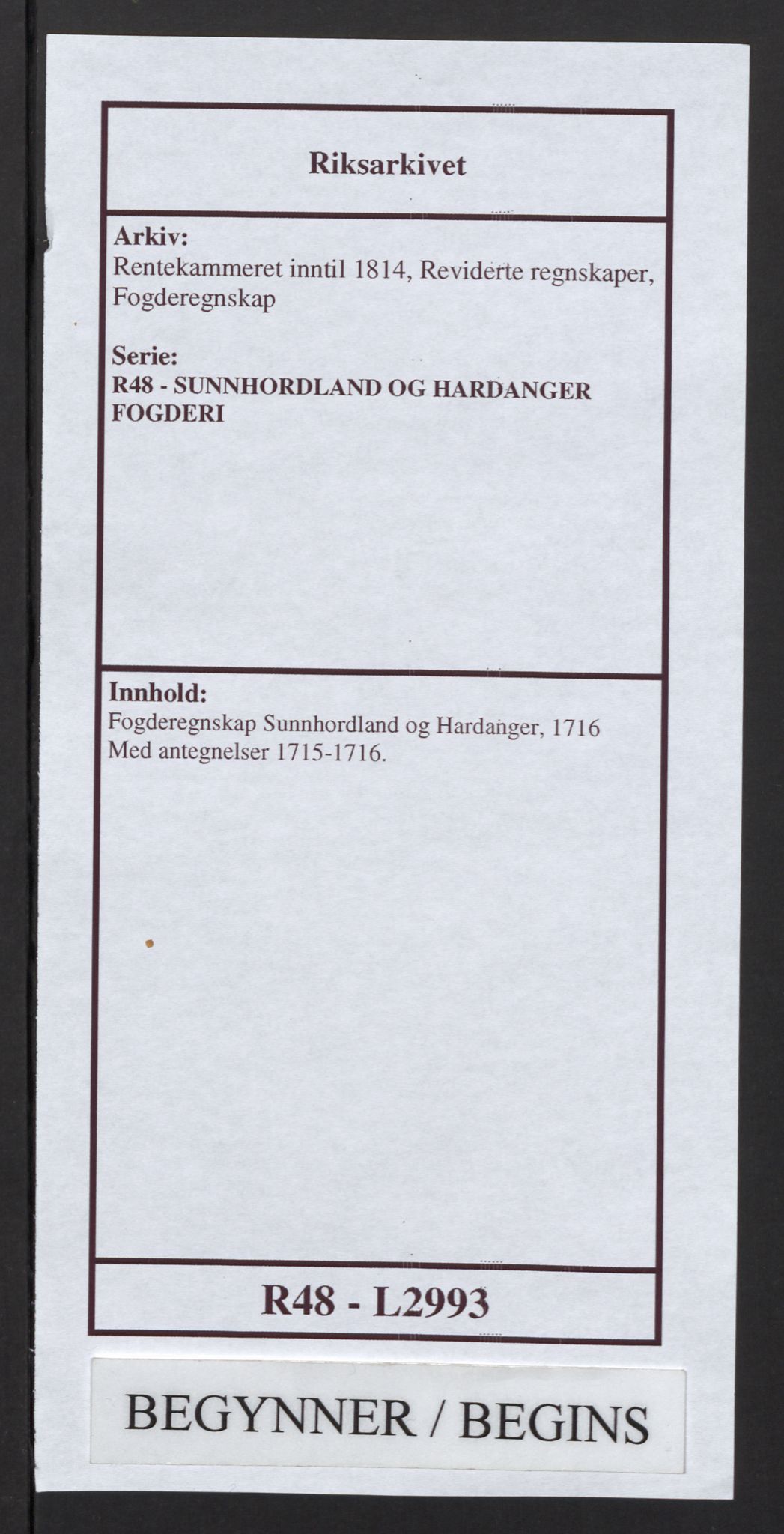 Rentekammeret inntil 1814, Reviderte regnskaper, Fogderegnskap, AV/RA-EA-4092/R48/L2993: Fogderegnskap Sunnhordland og Hardanger, 1716, p. 1