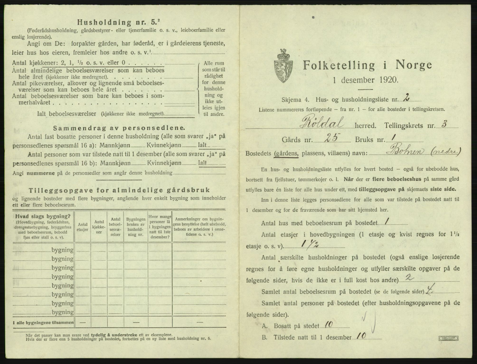 SAB, 1920 census for Røldal, 1920, p. 283