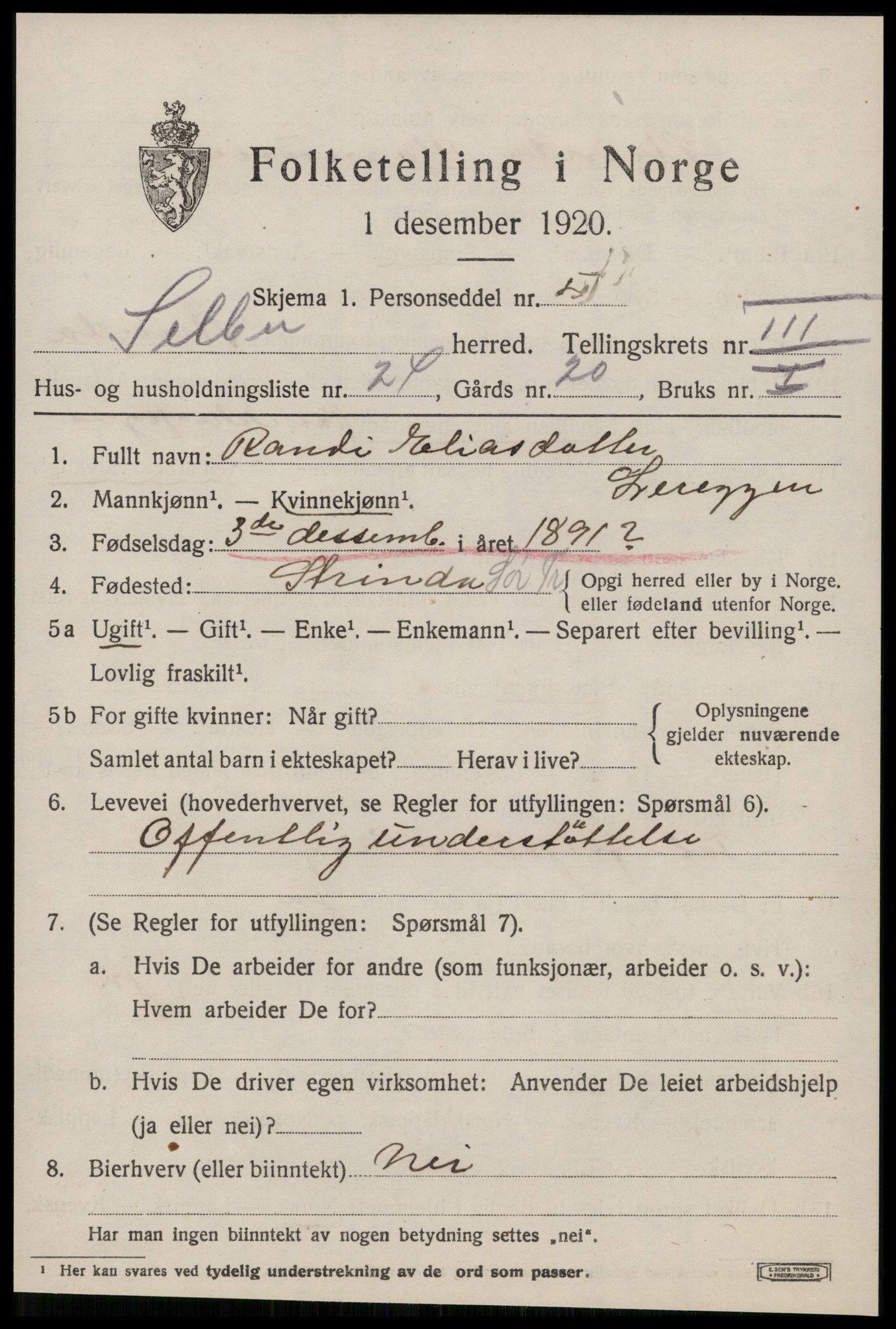 SAT, 1920 census for Selbu, 1920, p. 2760