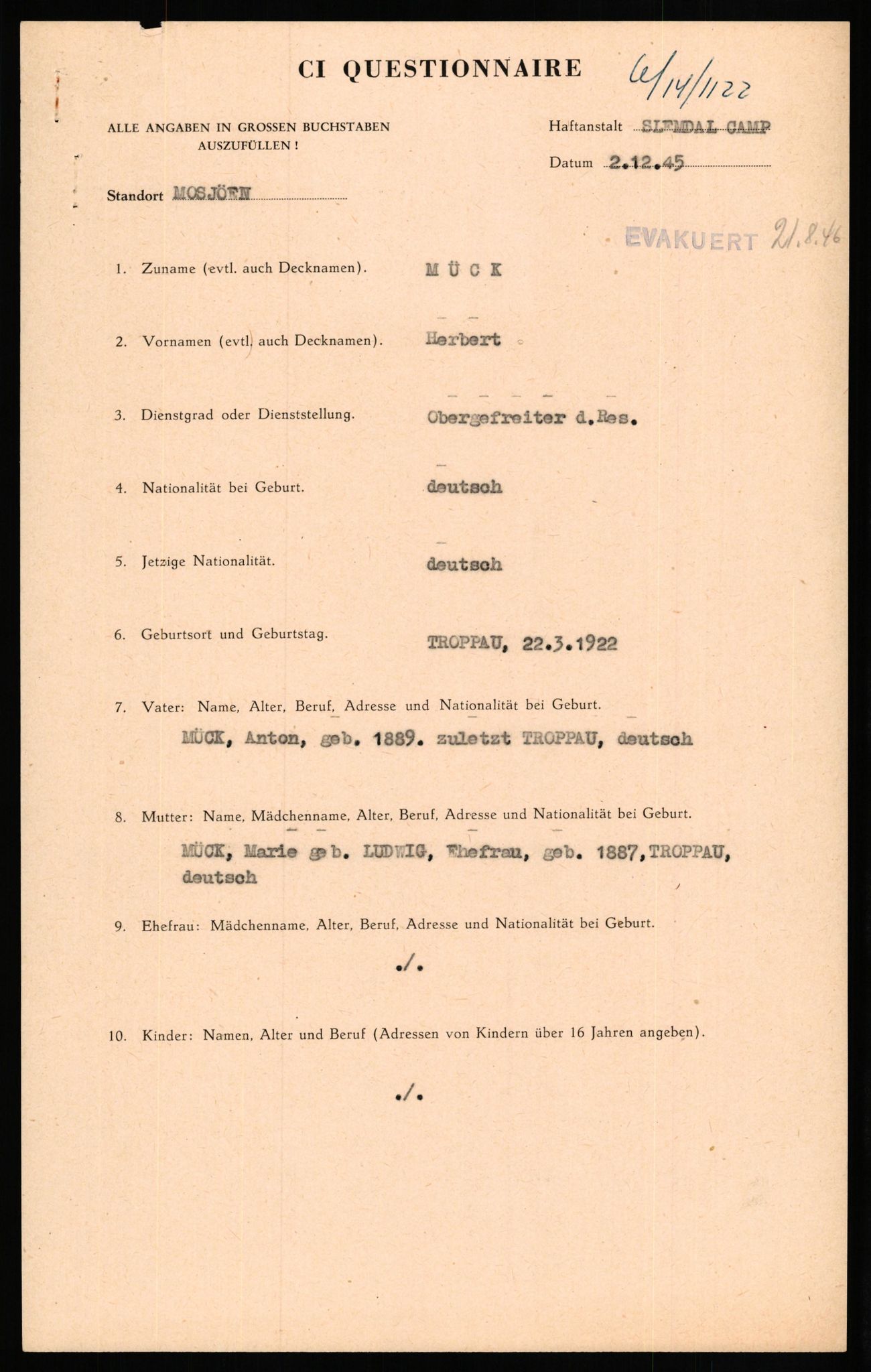 Forsvaret, Forsvarets overkommando II, AV/RA-RAFA-3915/D/Db/L0022: CI Questionaires. Tyske okkupasjonsstyrker i Norge. Tyskere., 1945-1946, p. 471