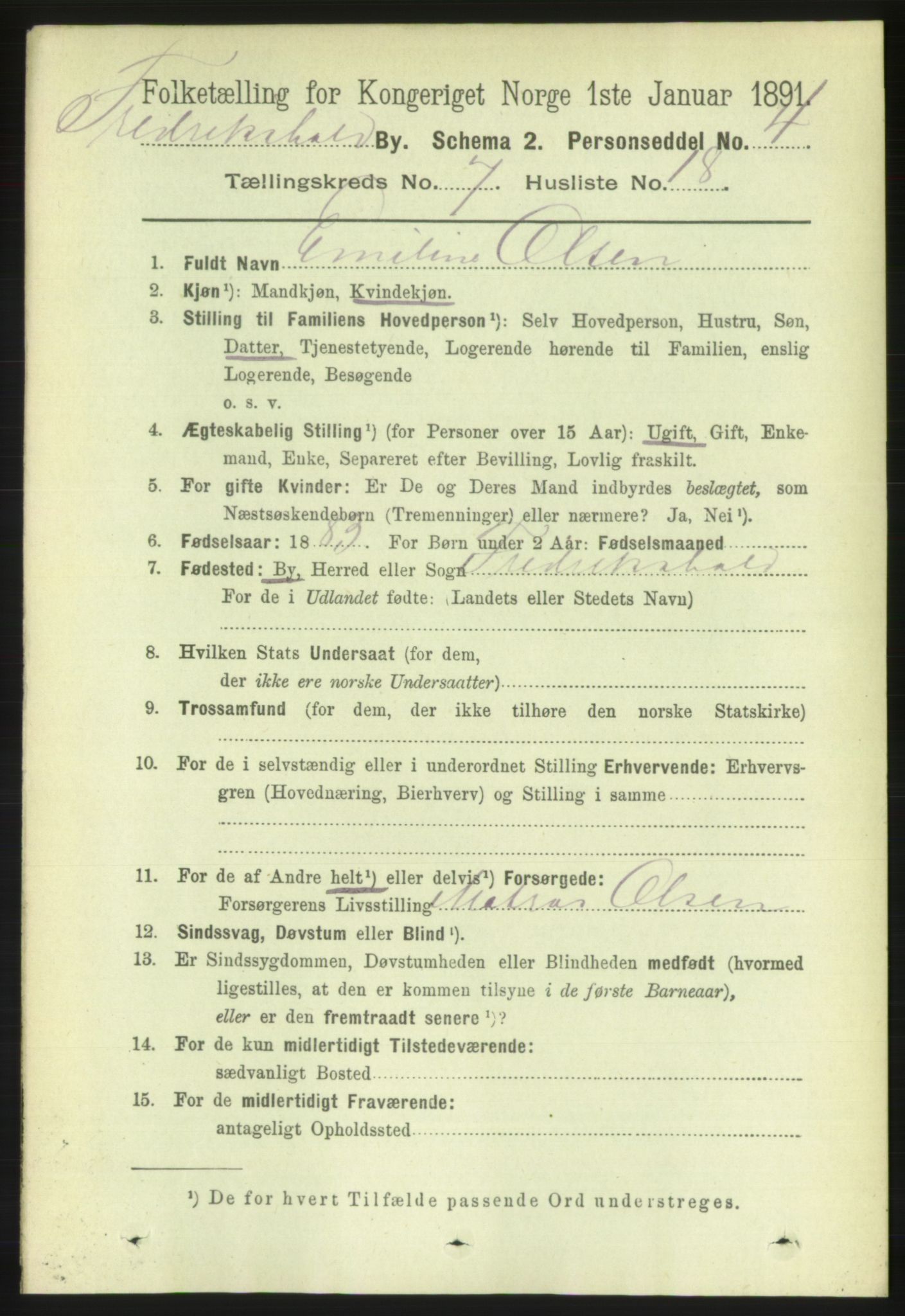 RA, 1891 census for 0101 Fredrikshald, 1891, p. 5243