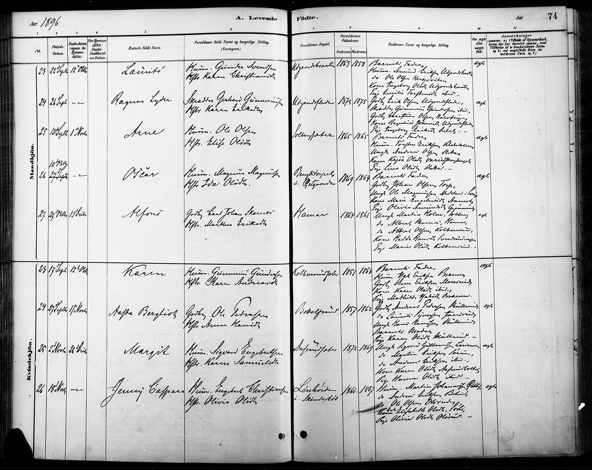 Vinger prestekontor, AV/SAH-PREST-024/H/Ha/Haa/L0015: Parish register (official) no. 15, 1881-1900, p. 74