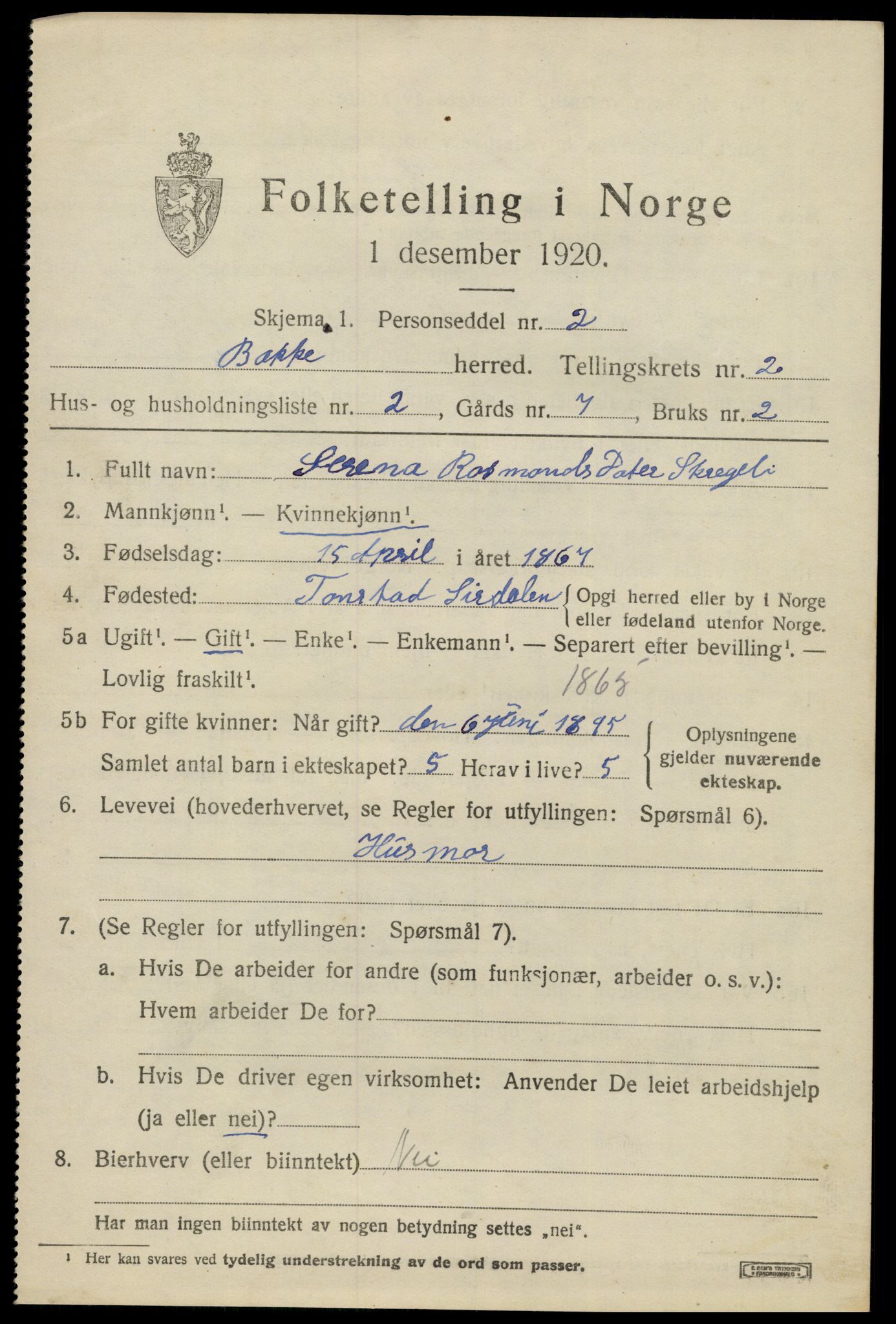 SAK, 1920 census for Bakke, 1920, p. 842