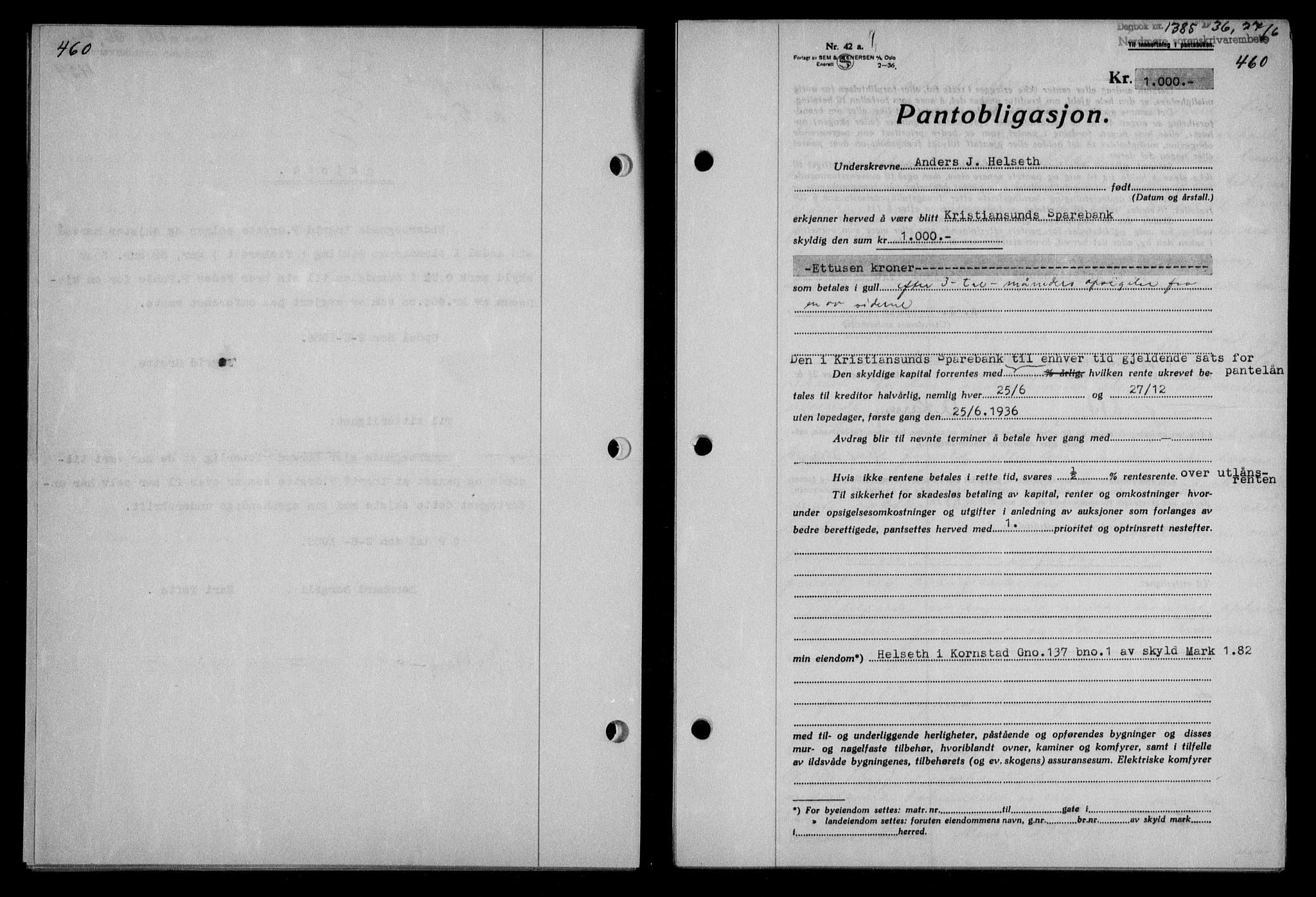 Nordmøre sorenskriveri, AV/SAT-A-4132/1/2/2Ca/L0088: Mortgage book no. 78, 1936-1936, Diary no: : 1385/1936