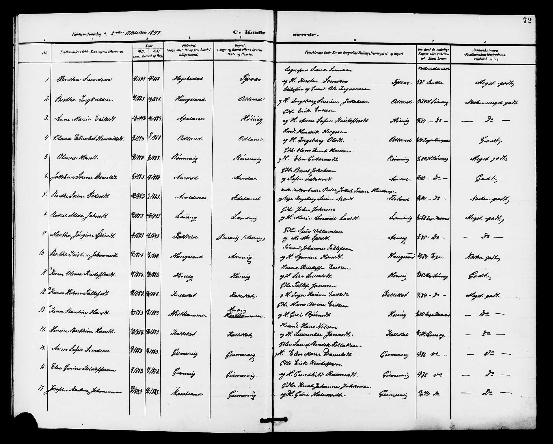 Tysvær sokneprestkontor, AV/SAST-A -101864/H/Ha/Haa/L0008: Parish register (official) no. A 8, 1897-1912, p. 72