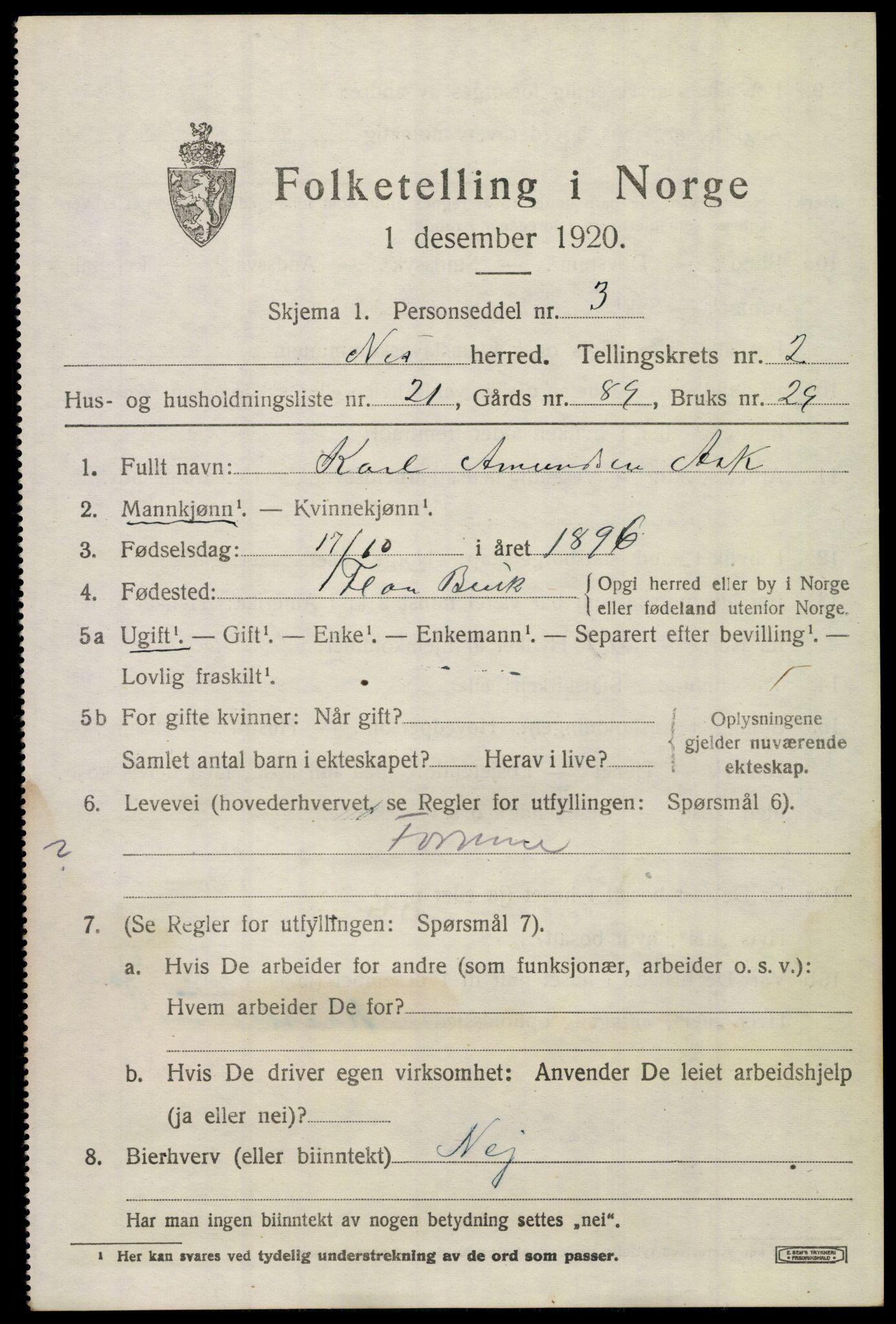 SAKO, 1920 census for Nes (Buskerud), 1920, p. 1488