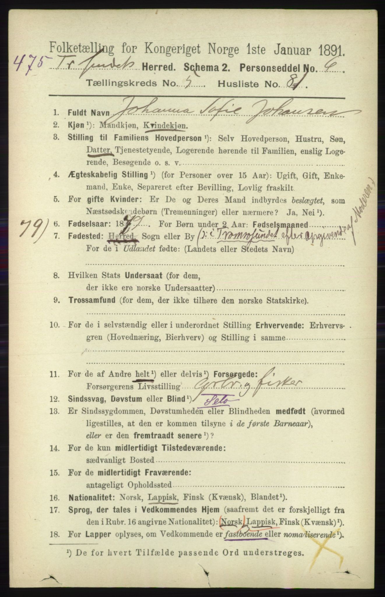 RA, 1891 census for 1934 Tromsøysund, 1891, p. 2909