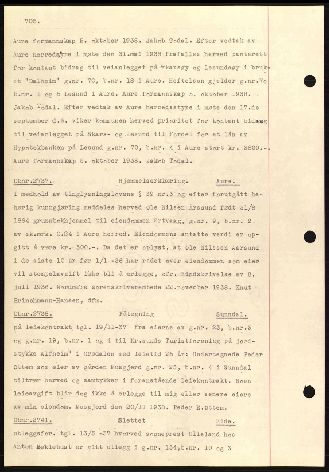 Nordmøre sorenskriveri, AV/SAT-A-4132/1/2/2Ca: Mortgage book no. C80, 1936-1939, Diary no: : 2737/1938