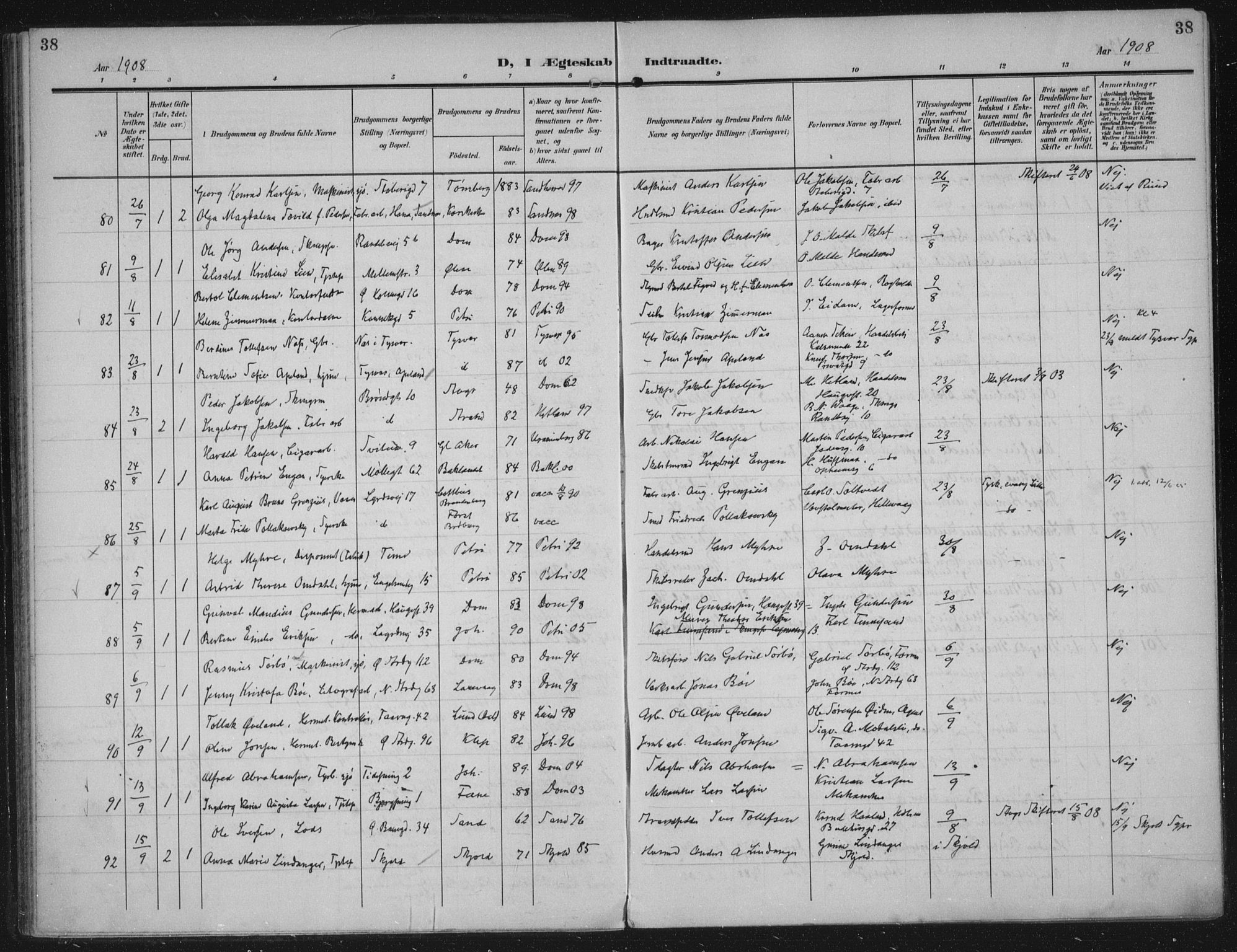 Domkirken sokneprestkontor, AV/SAST-A-101812/002/A/L0016: Parish register (official) no. A 33, 1905-1922, p. 38