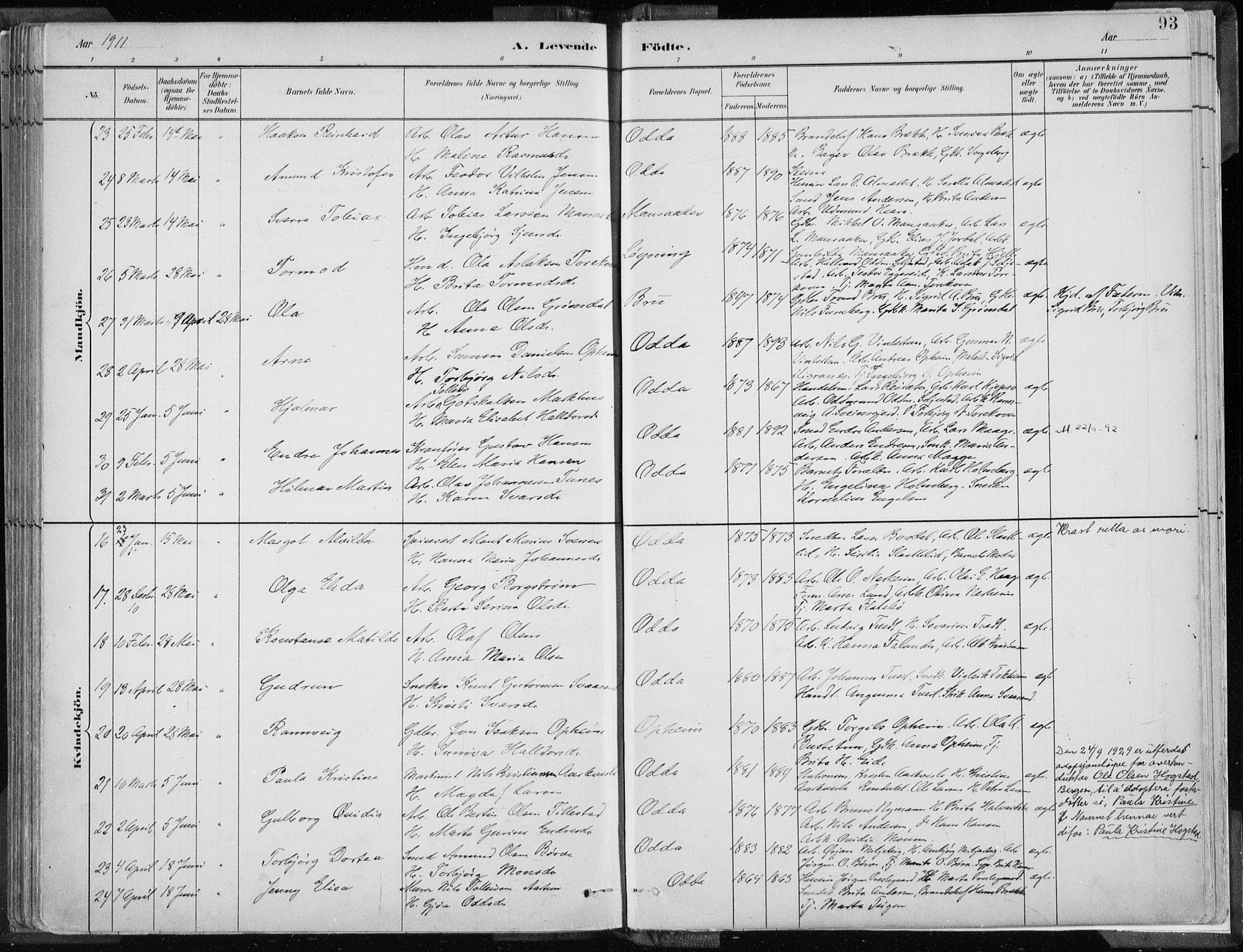 Odda Sokneprestembete, AV/SAB-A-77201/H/Haa: Parish register (official) no. A  3, 1882-1913, p. 93