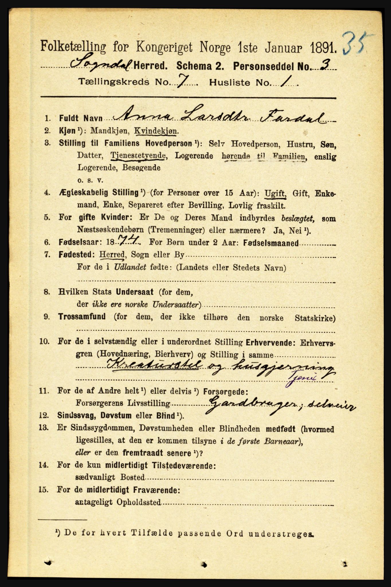 RA, 1891 census for 1420 Sogndal, 1891, p. 2979