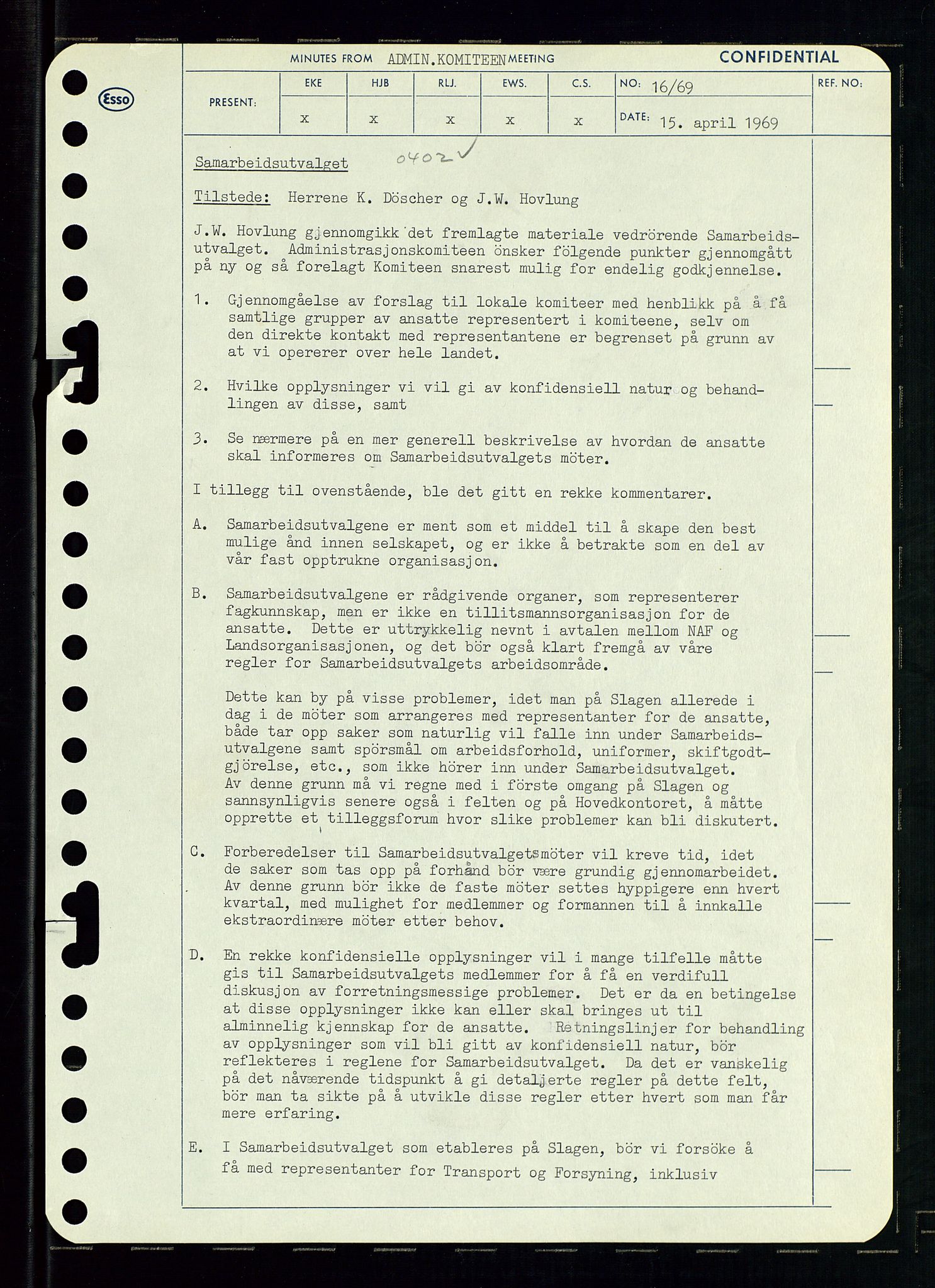 Pa 0982 - Esso Norge A/S, AV/SAST-A-100448/A/Aa/L0003/0001: Den administrerende direksjon Board minutes (styrereferater) og Bedriftforsamlingsprotokoll / Den administrerende direksjon Board minutes (styrereferater), 1969, p. 71