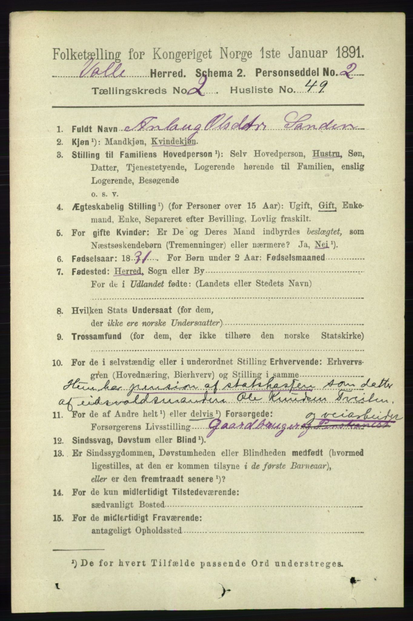 RA, 1891 census for 0940 Valle, 1891, p. 624