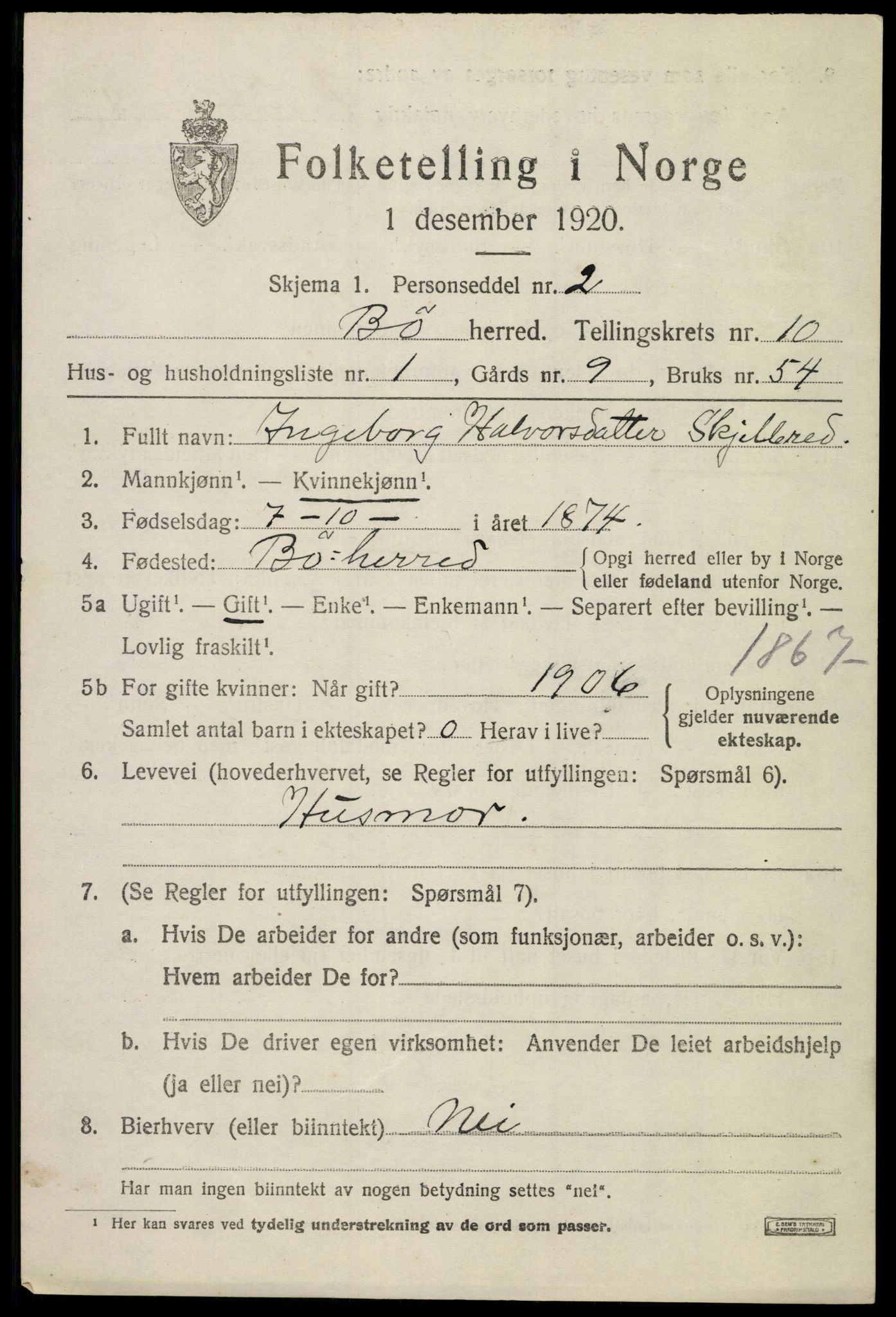 SAKO, 1920 census for Bø (Telemark), 1920, p. 6566