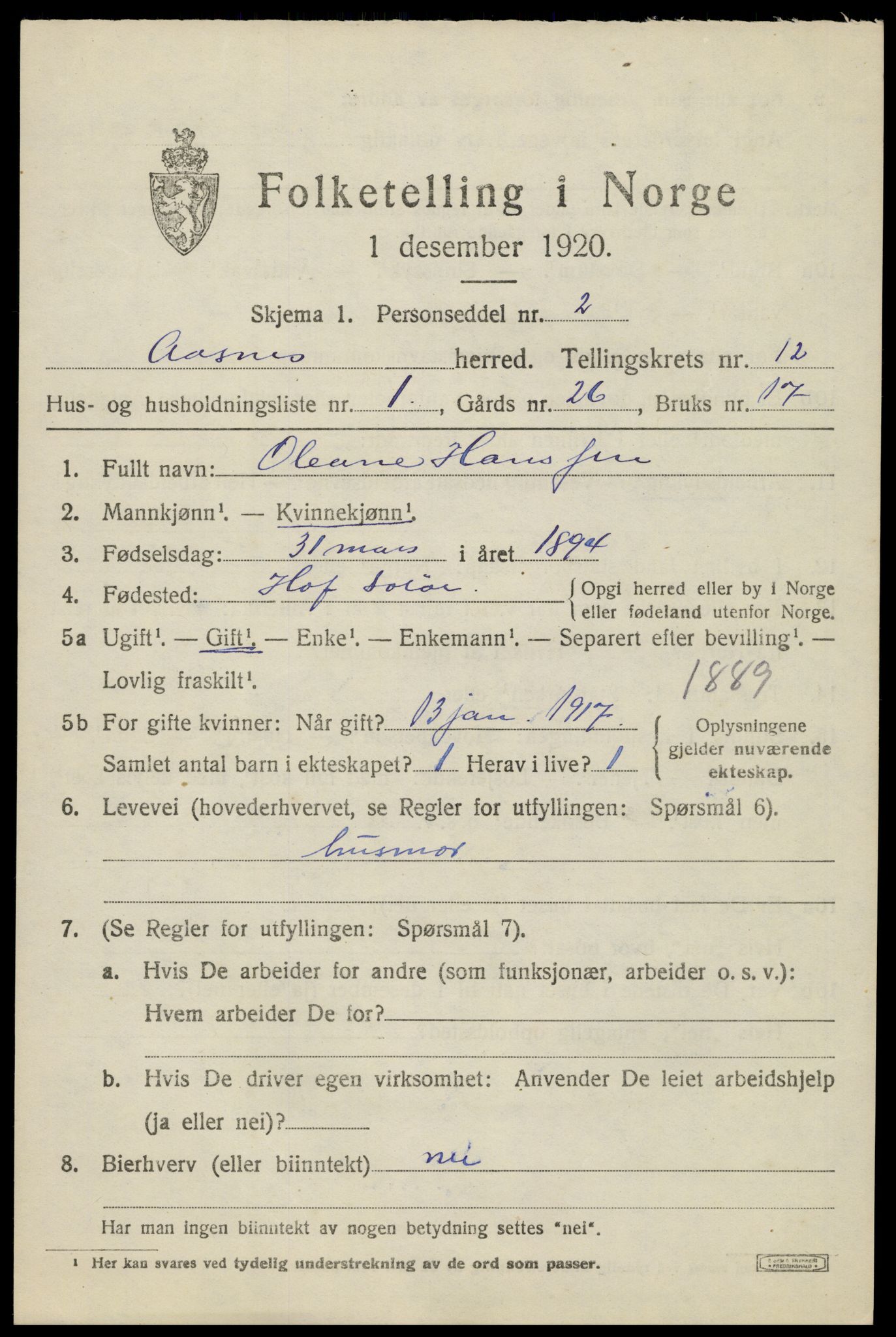 SAH, 1920 census for Åsnes, 1920, p. 12198