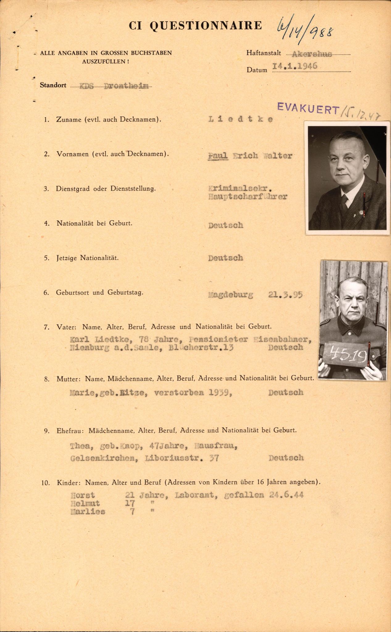 Forsvaret, Forsvarets overkommando II, AV/RA-RAFA-3915/D/Db/L0020: CI Questionaires. Tyske okkupasjonsstyrker i Norge. Tyskere., 1945-1946, p. 148