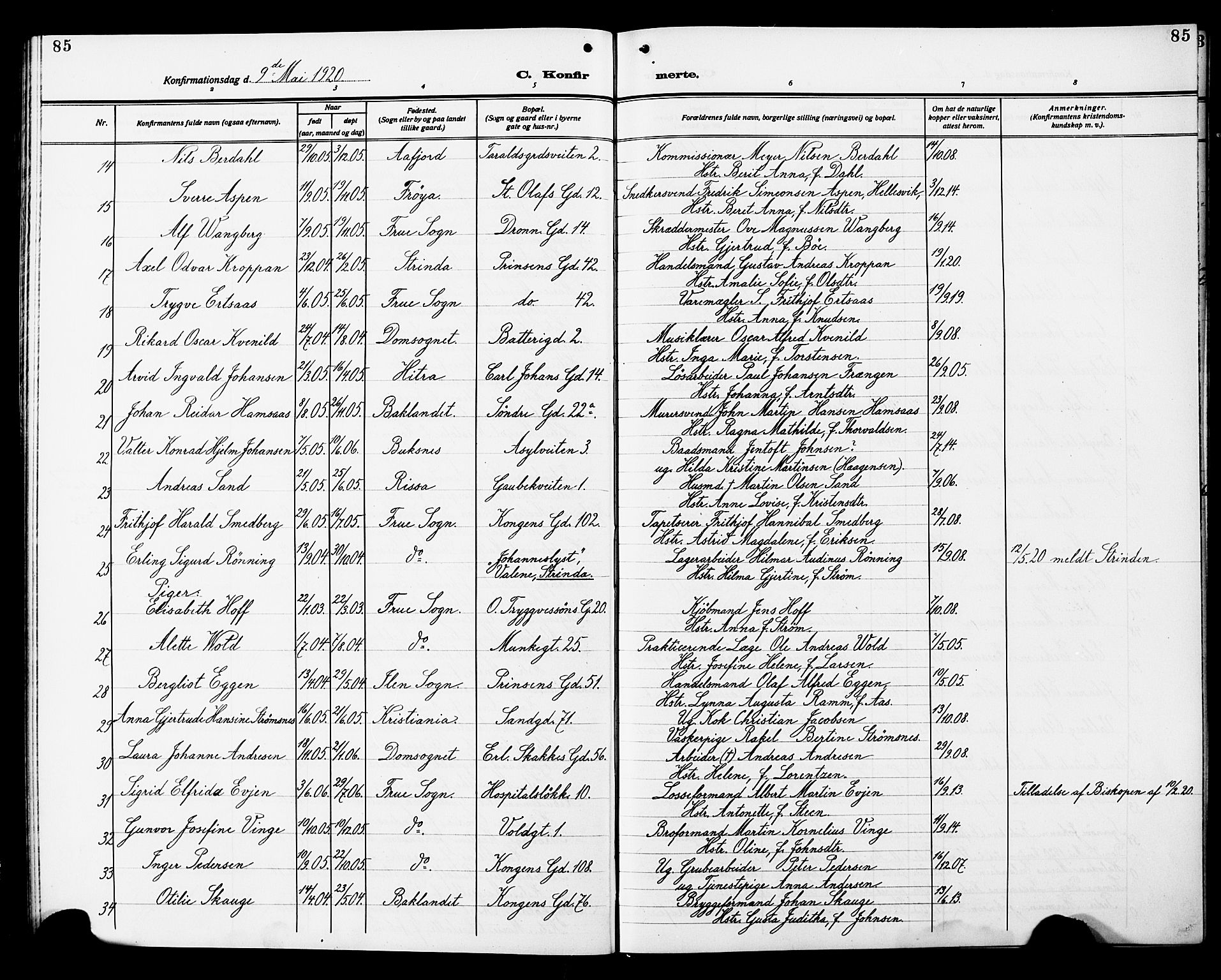 Ministerialprotokoller, klokkerbøker og fødselsregistre - Sør-Trøndelag, SAT/A-1456/602/L0147: Parish register (copy) no. 602C15, 1911-1924, p. 85