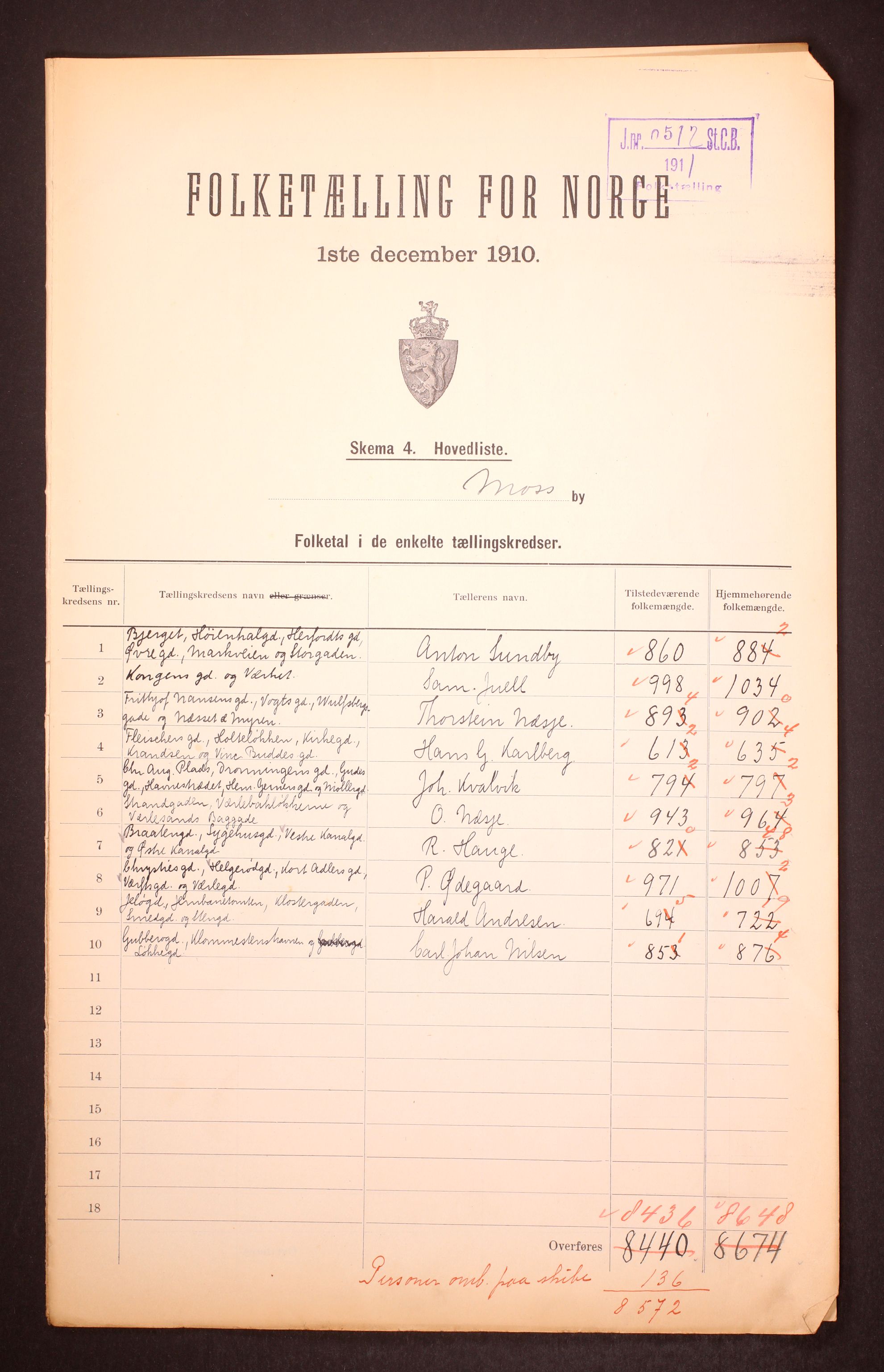 RA, 1910 census for Moss, 1910, p. 2