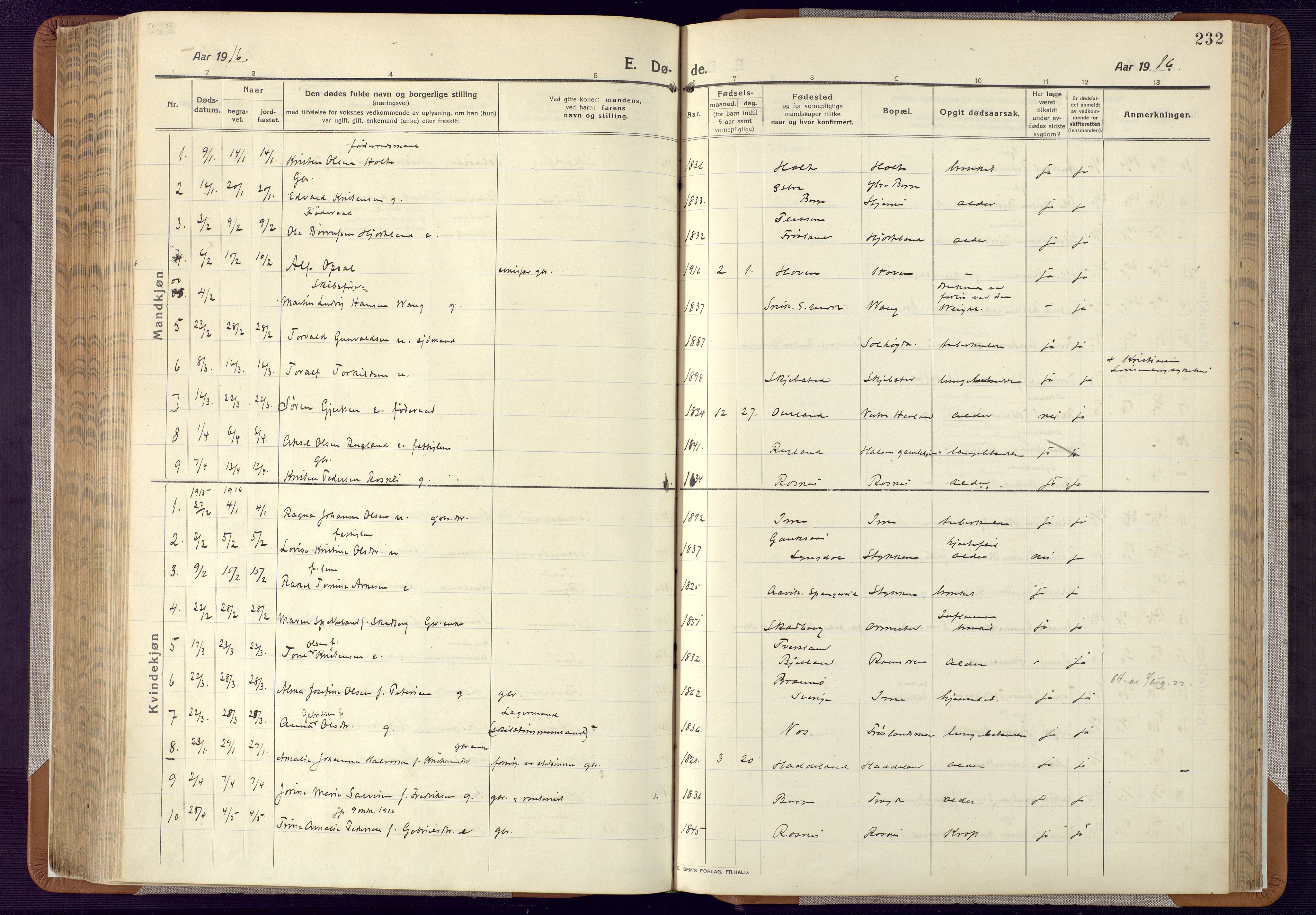 Mandal sokneprestkontor, SAK/1111-0030/F/Fa/Faa/L0022: Parish register (official) no. A 22, 1913-1925, p. 232