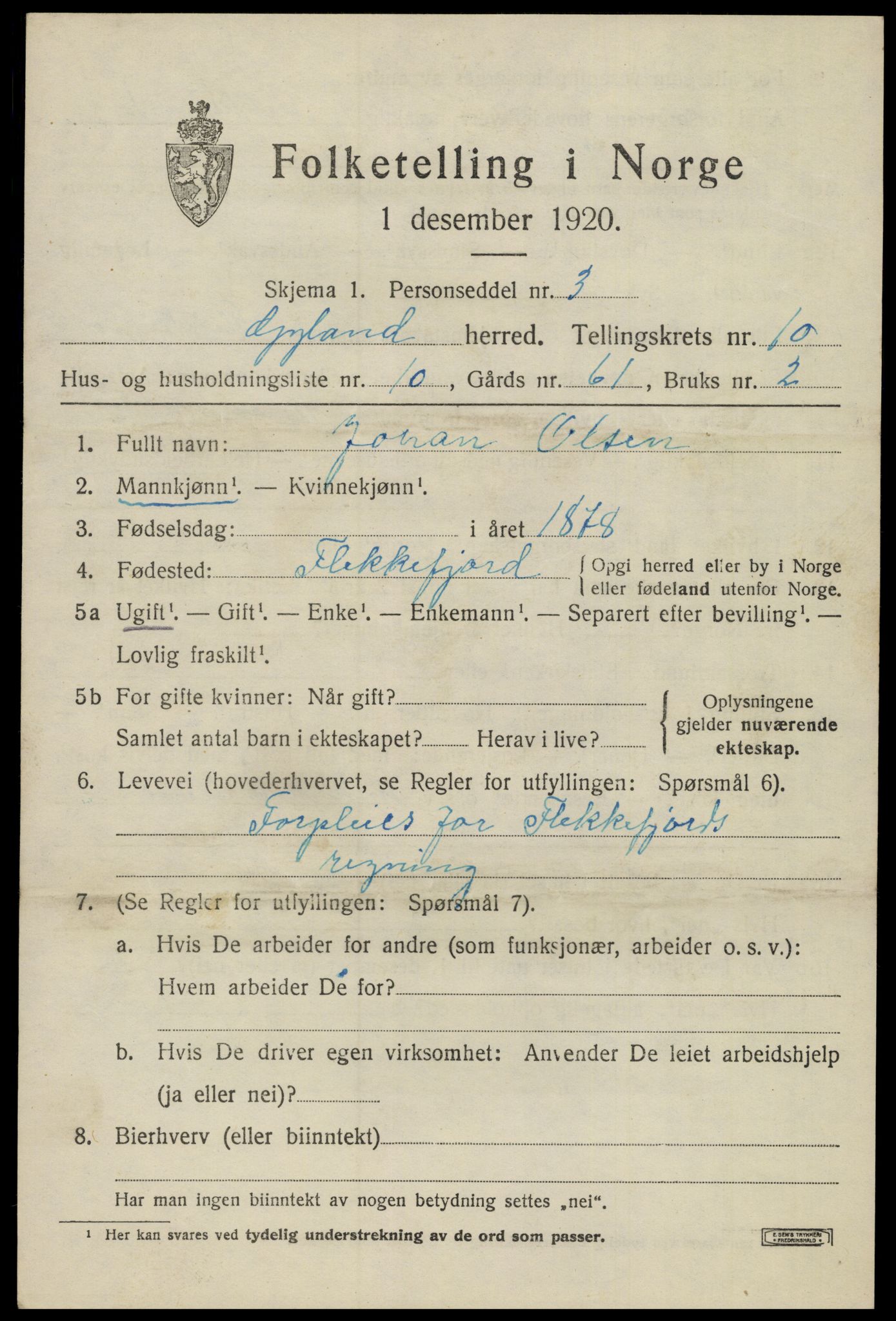 SAK, 1920 census for Gyland, 1920, p. 2294