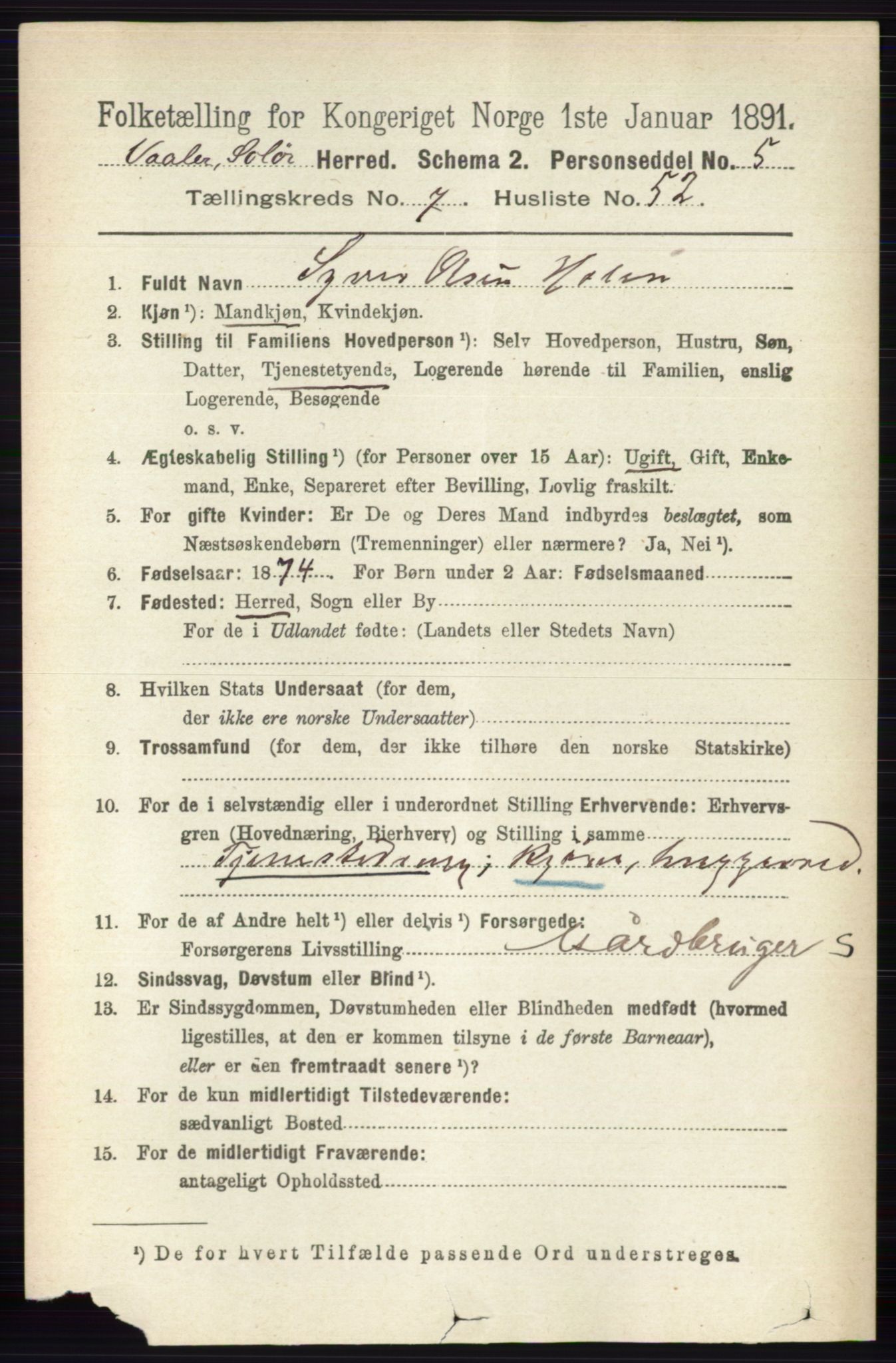 RA, 1891 census for 0426 Våler, 1891, p. 3245