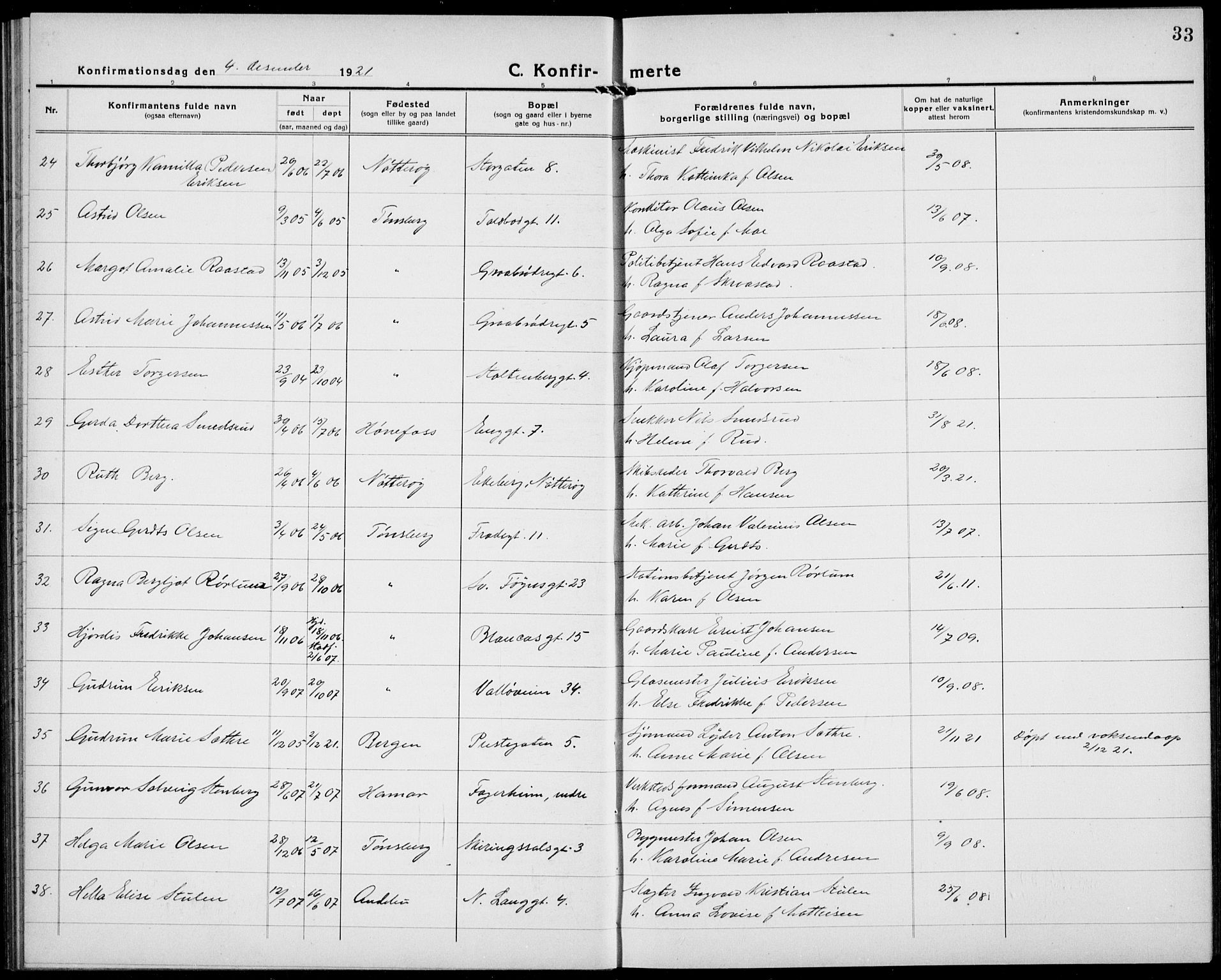 Tønsberg kirkebøker, AV/SAKO-A-330/G/Ga/L0013: Parish register (copy) no. 13, 1920-1929, p. 33