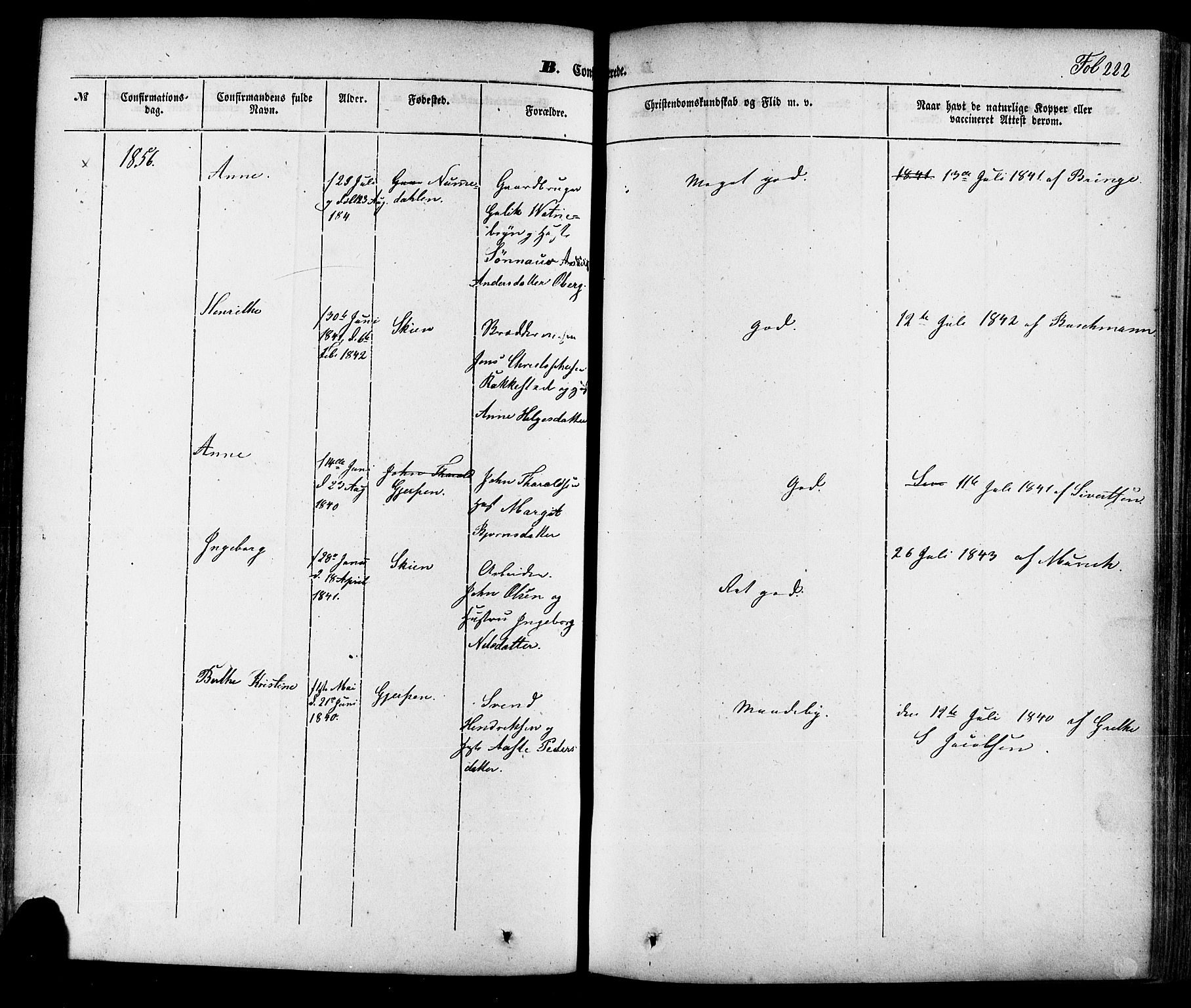 Skien kirkebøker, AV/SAKO-A-302/F/Fa/L0006a: Parish register (official) no. 6A, 1843-1856, p. 222