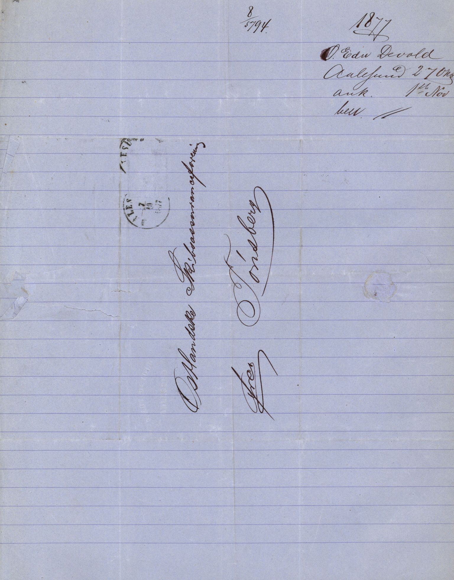 Pa 63 - Østlandske skibsassuranceforening, VEMU/A-1079/G/Ga/L0009/0016: Havaridokumenter / Ragnvald Jarl, 1877