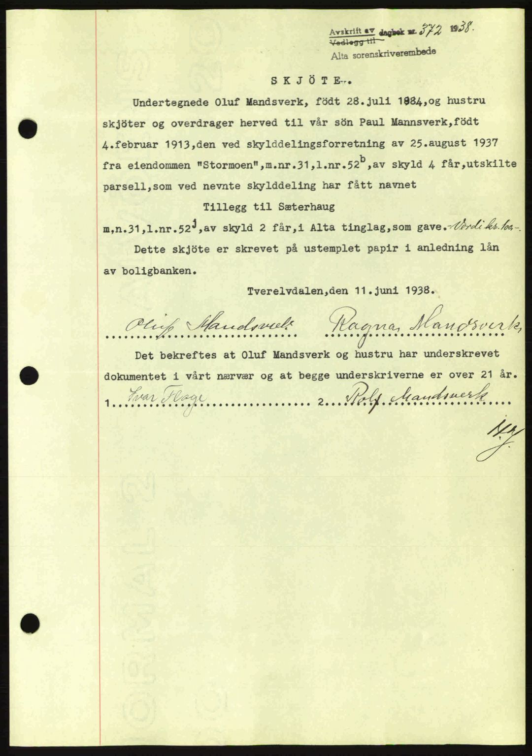 Alta fogderi/sorenskriveri, SATØ/SATØ-5/1/K/Kd/L0031pantebok: Mortgage book no. 31, 1938-1939, Diary no: : 372/1938