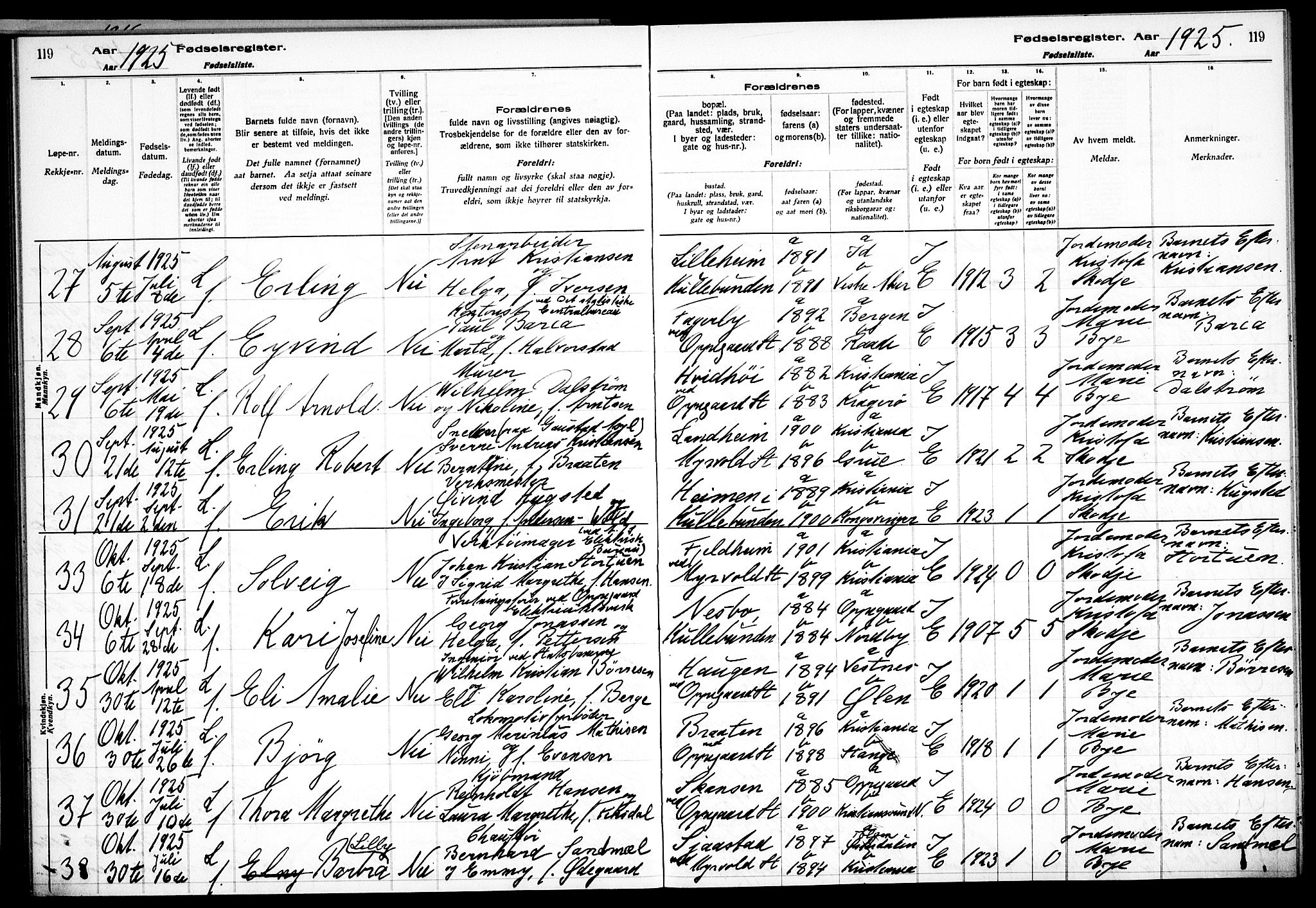 Nesodden prestekontor Kirkebøker, AV/SAO-A-10013/J/Jb/L0001: Birth register no. II 1, 1916-1933, p. 119