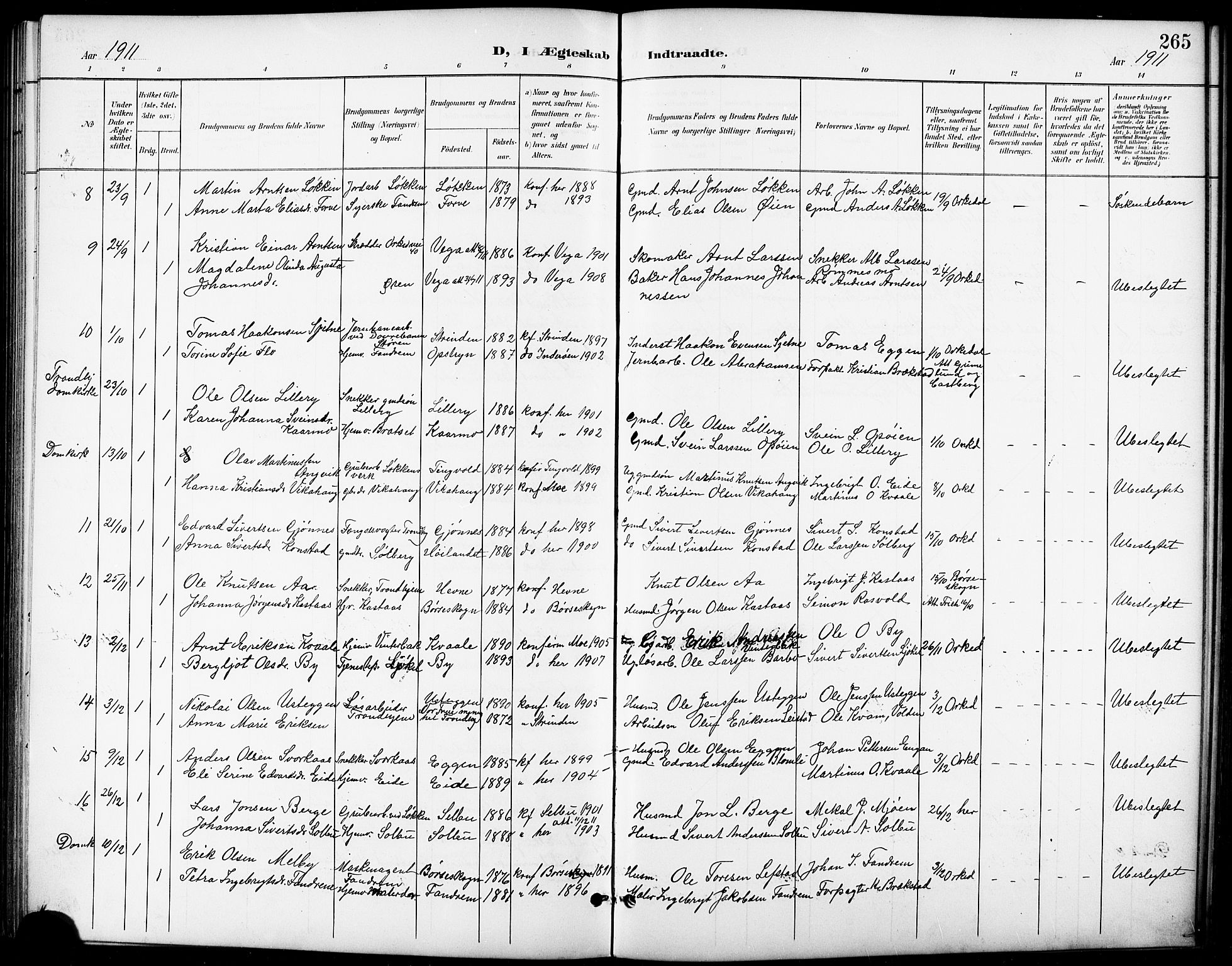 Ministerialprotokoller, klokkerbøker og fødselsregistre - Sør-Trøndelag, SAT/A-1456/668/L0819: Parish register (copy) no. 668C08, 1899-1912, p. 265