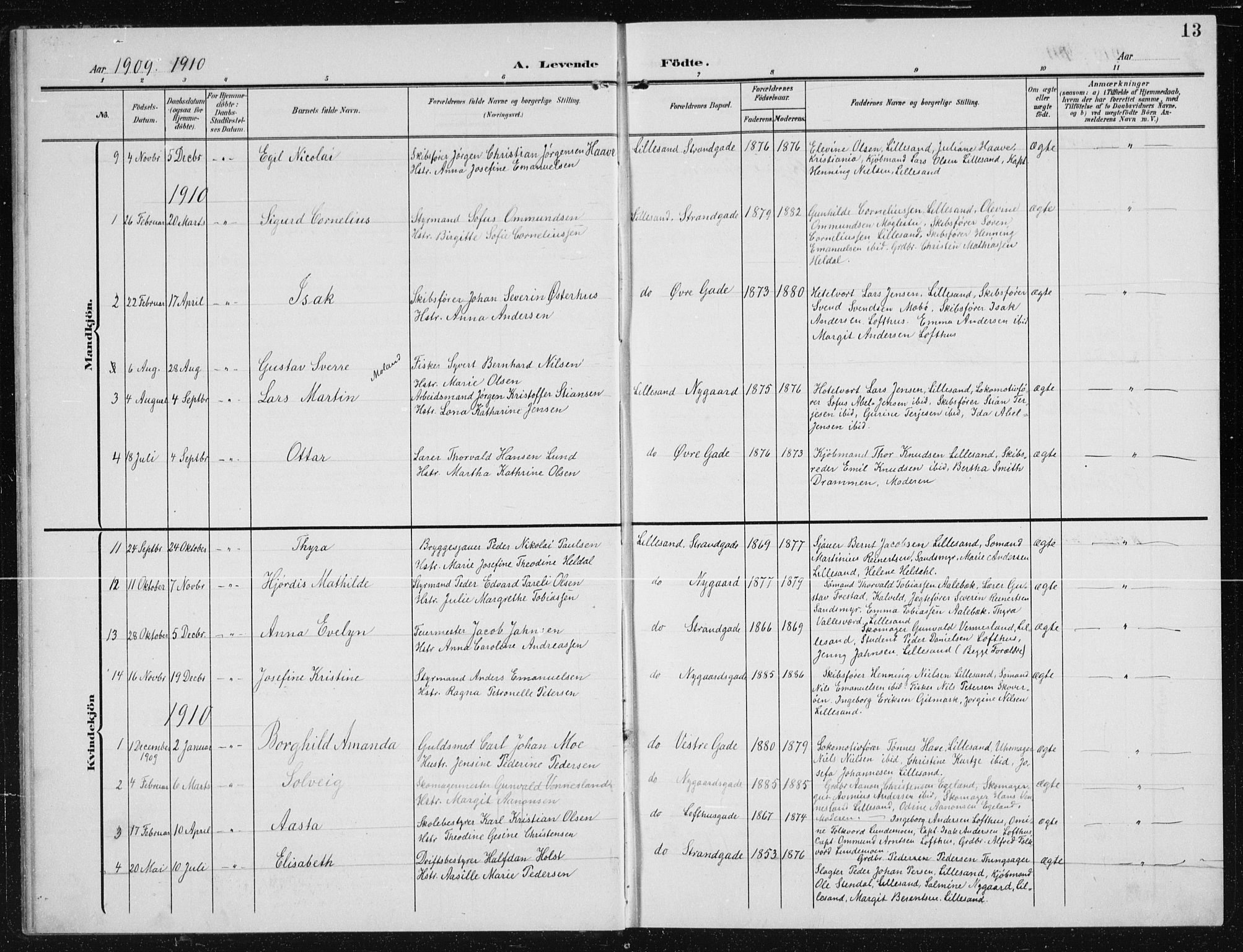 Vestre Moland sokneprestkontor, AV/SAK-1111-0046/F/Fb/Fba/L0002: Parish register (copy) no. B 2, 1904-1934, p. 13