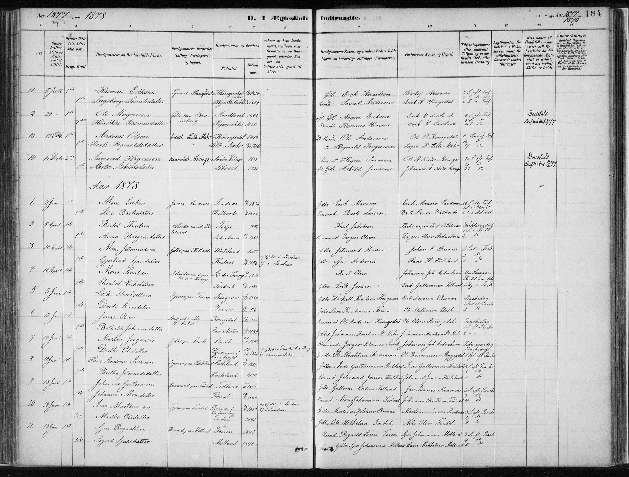 Masfjorden Sokneprestembete, SAB/A-77001: Parish register (official) no. B  1, 1876-1899, p. 184